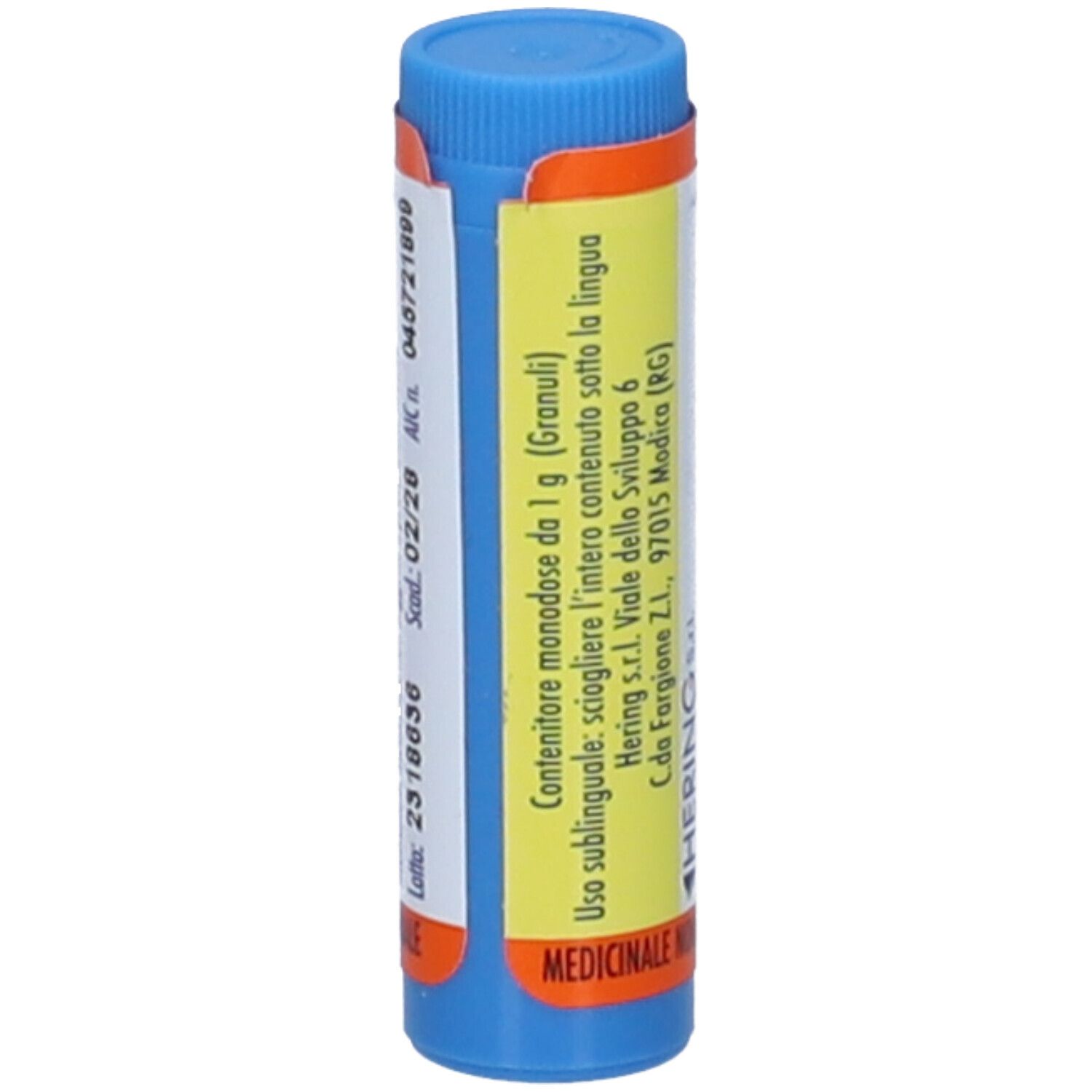 Contenitore cilindrico con tappo blu. Scritta: Contenitore monodose da 1 g (Granuli), Hering.