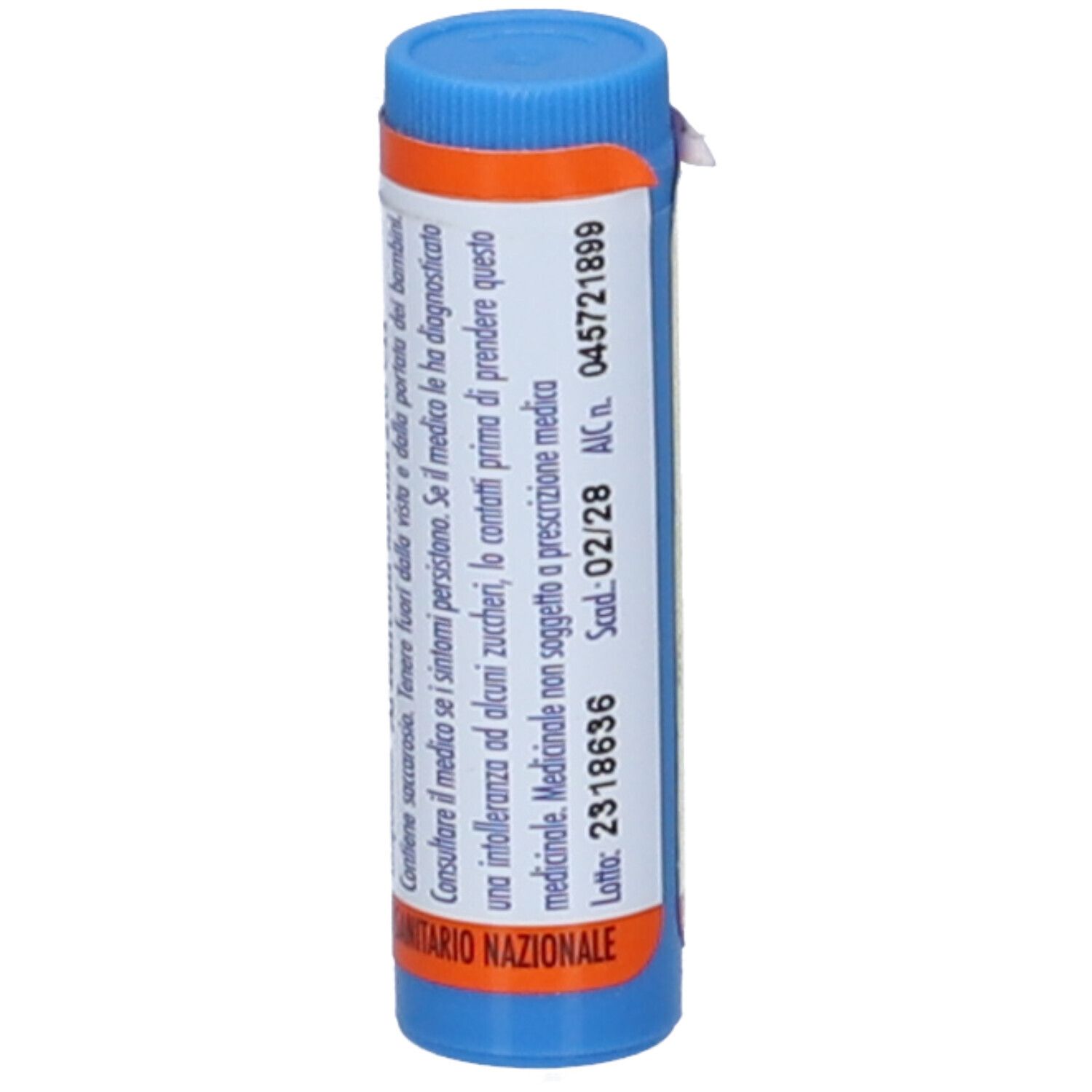 Contenitore cilindrico con tappo blu. Scritta: Avvertenze, scad. 02/28, Hering.