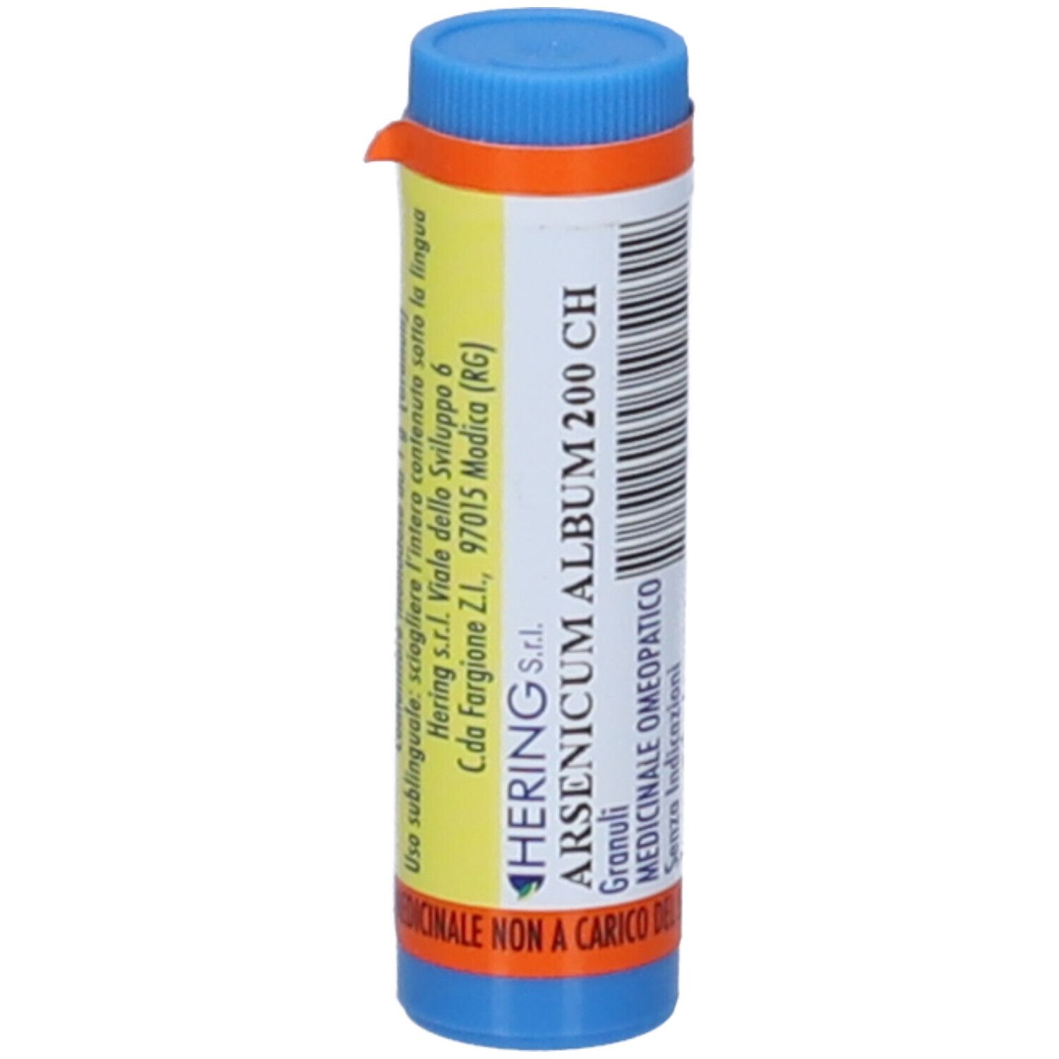 Contenitore cilindrico con tappo blu e anello arancione. Scritta: ARSENICUM ALBUM 200 CH, Granuli, Hering.