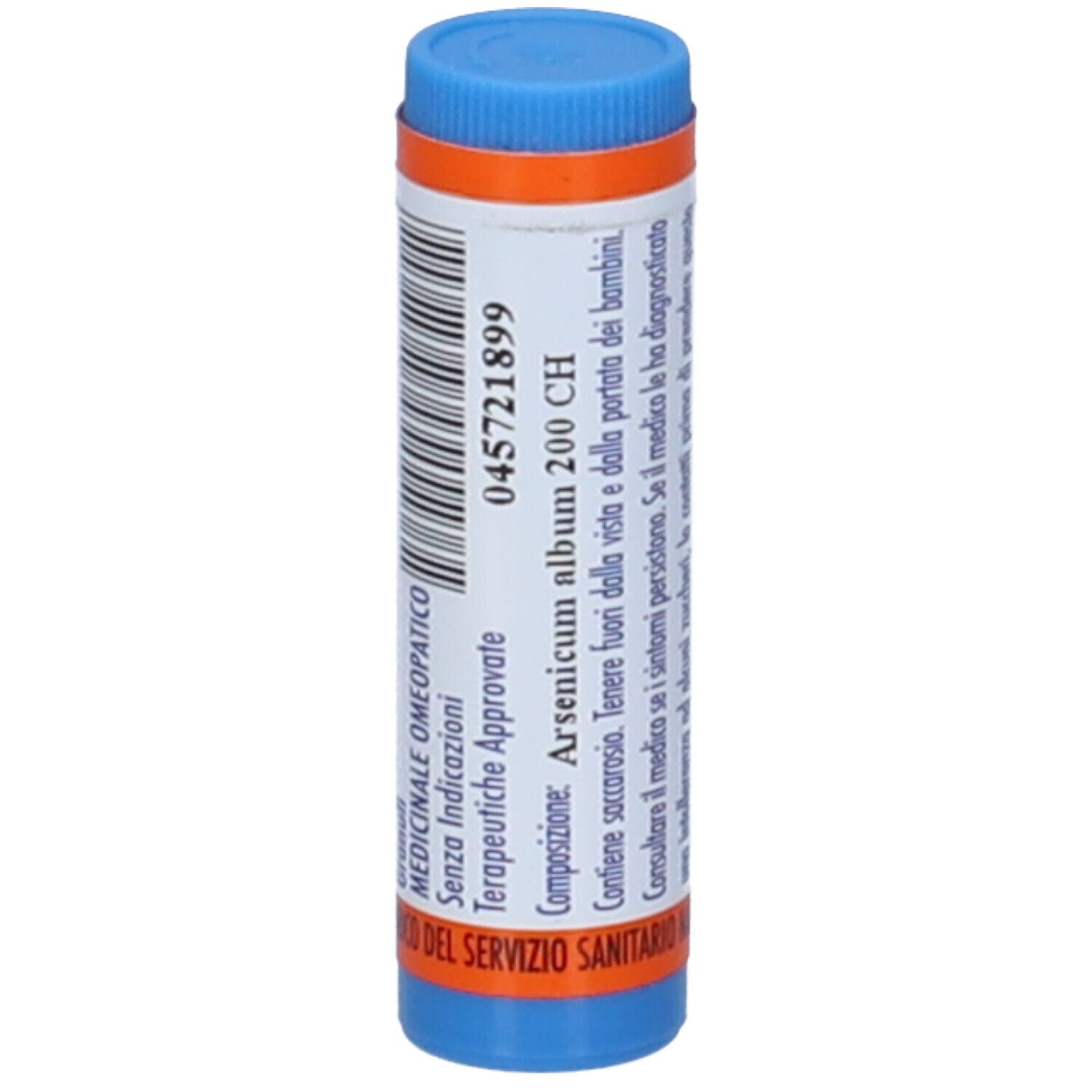 Contenitore cilindrico con tappo blu. Scritta: ARSENICUM ALBUM 200 CH, Hering.