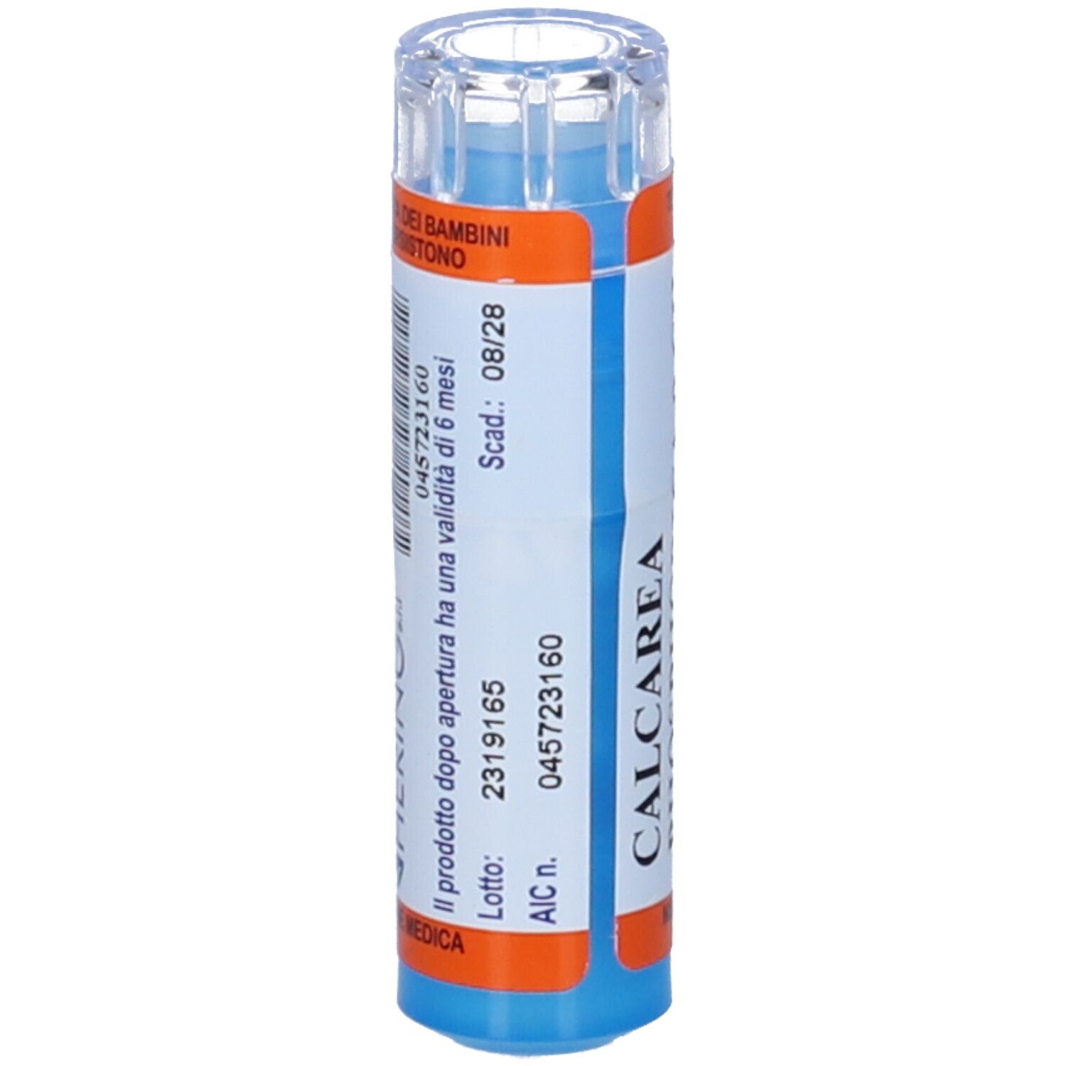 HERING Calcarea Phosphorica 9 CH. Flacone blu con etichetta arancione. Informazioni sul prodotto e data di scadenza.