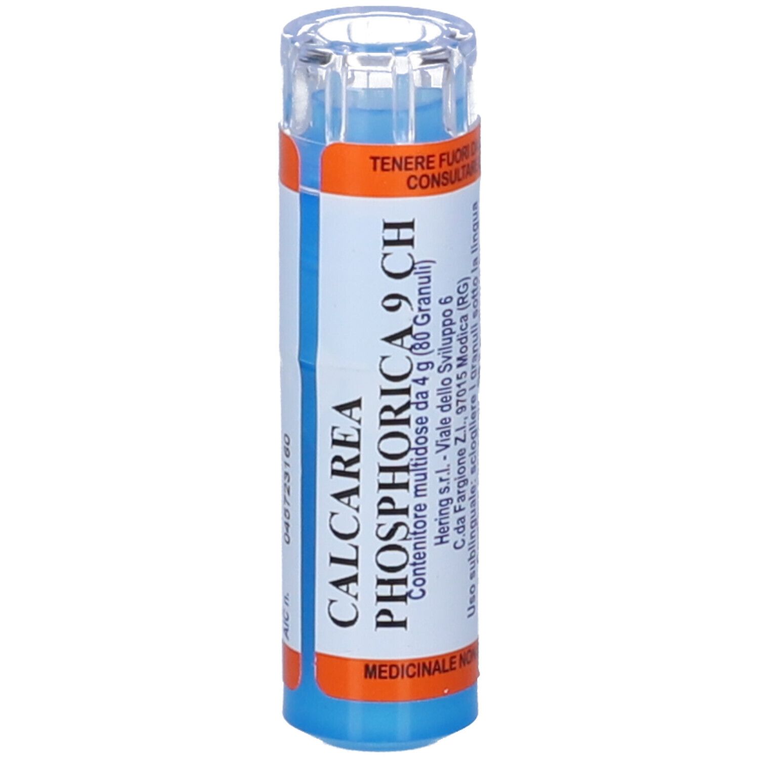 HERING Calcarea Phosphorica 9 CH. Flacone blu con etichetta arancione. Informazioni sul prodotto e dosaggio.