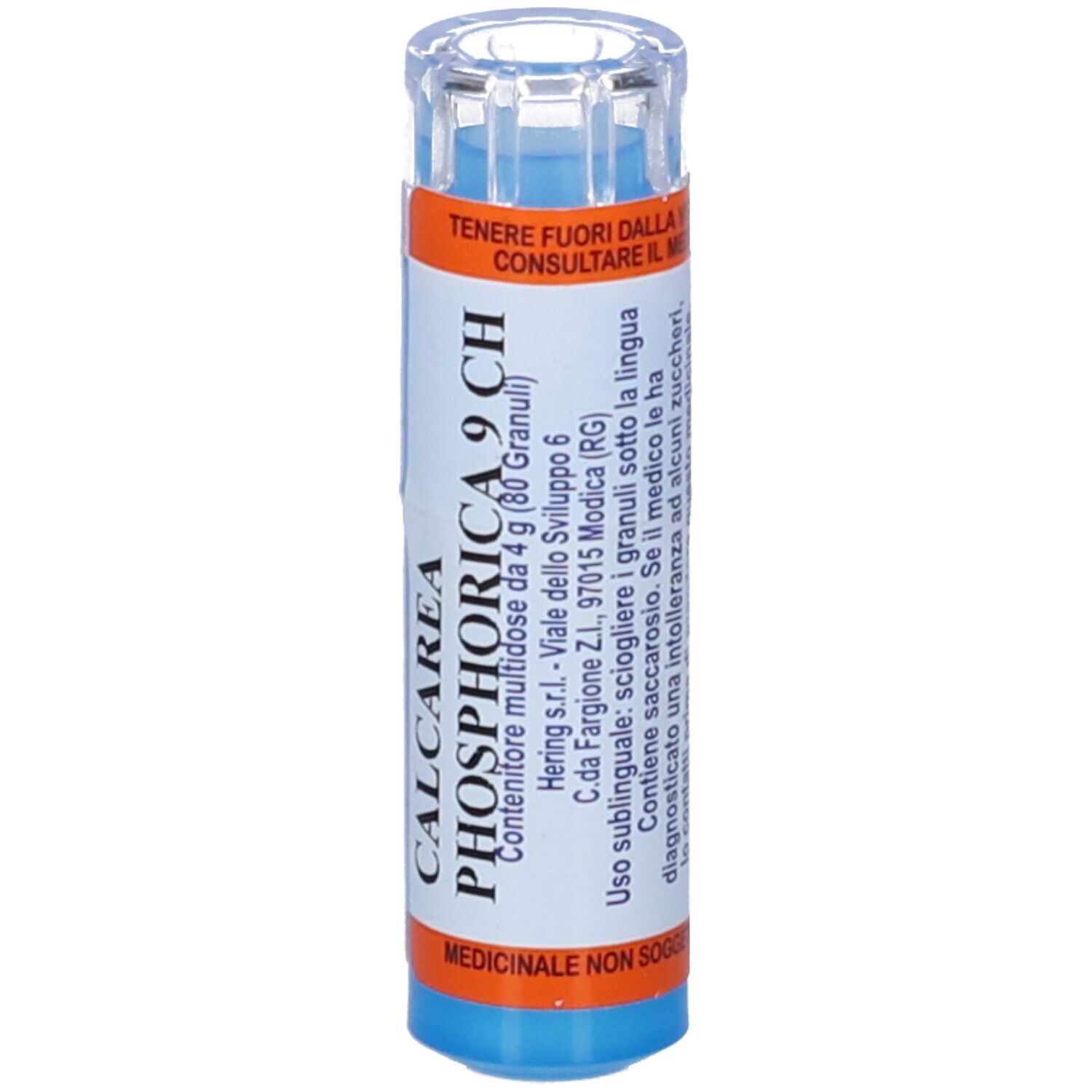 HERING Calcarea Phosphorica 9 CH. Flacone blu con etichetta arancione. Informazioni sul prodotto e utilizzo.