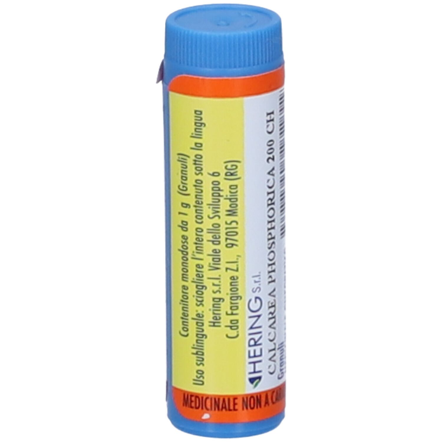 Contenitore cilindrico blu e arancione. Testo: CALCAREA PHOSPHORICA 200 CH, Hering S.r.l., Granuli, Medicinale omeopatico.