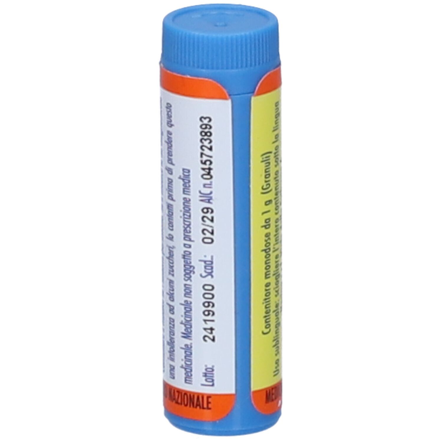 Contenitore cilindrico blu e arancione. Testo: CALCAREA PHOSPHORICA 200 CH, Hering S.r.l., Granuli, Medicinale omeopatico.