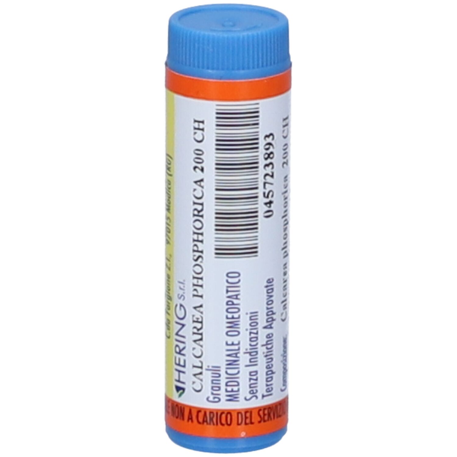 Contenitore cilindrico blu e arancione. Testo: CALCAREA PHOSPHORICA 200 CH, Hering S.r.l., Granuli, Medicinale omeopatico.