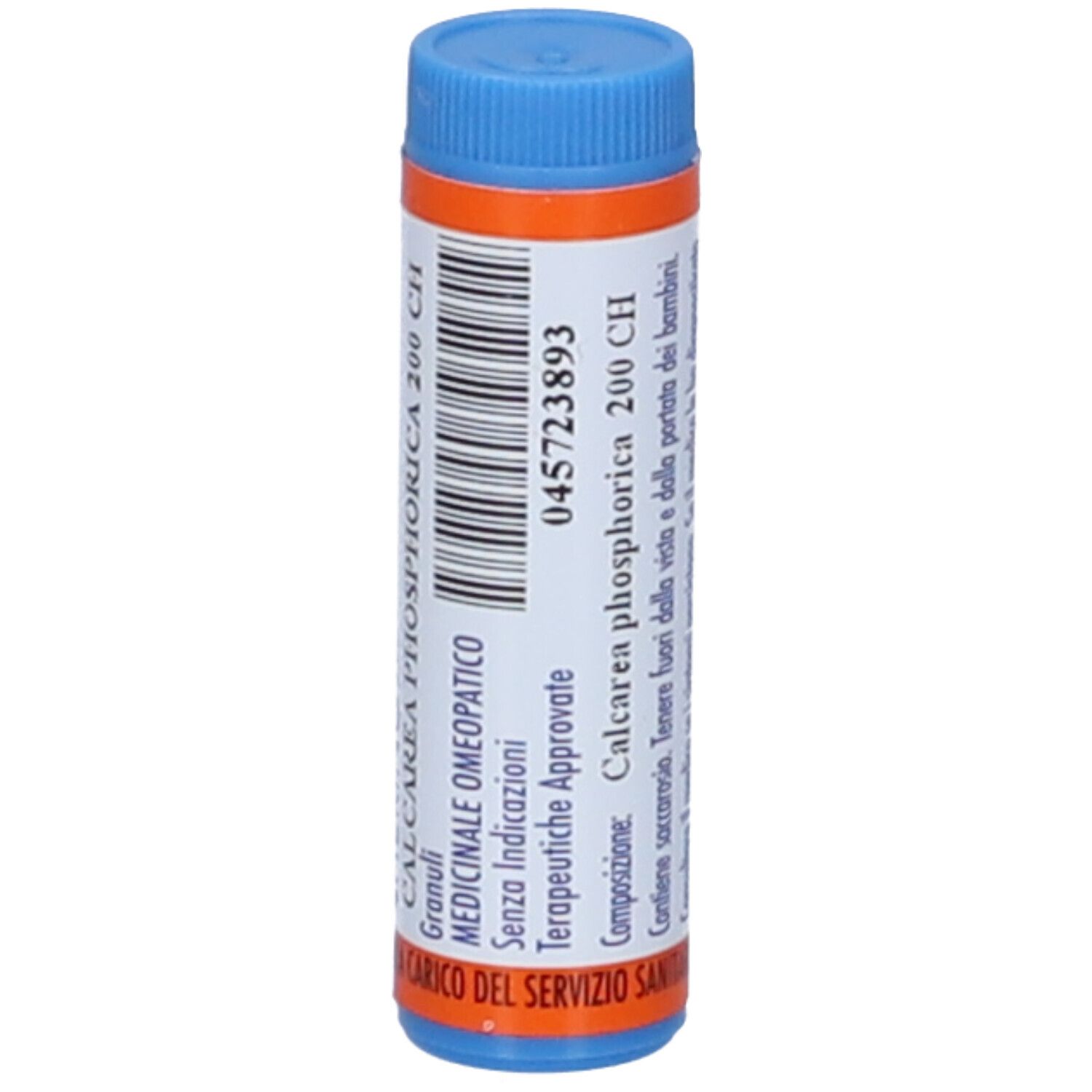 Contenitore cilindrico blu e arancione. Testo: CALCAREA PHOSPHORICA 200 CH, Hering S.r.l., Granuli, Medicinale omeopatico.
