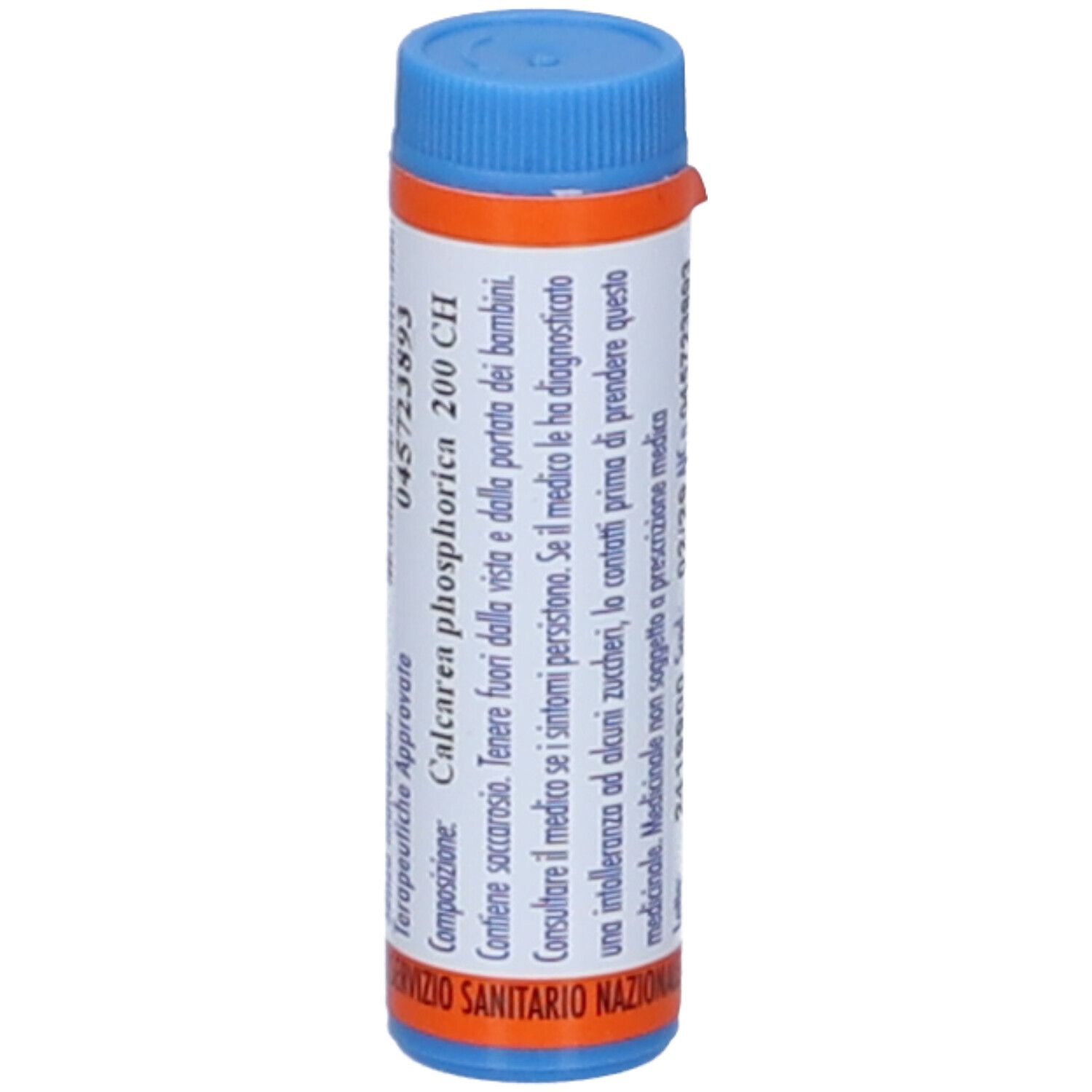 Contenitore cilindrico blu e arancione. Testo: CALCAREA PHOSPHORICA 200 CH, Hering S.r.l., Granuli, Medicinale omeopatico.