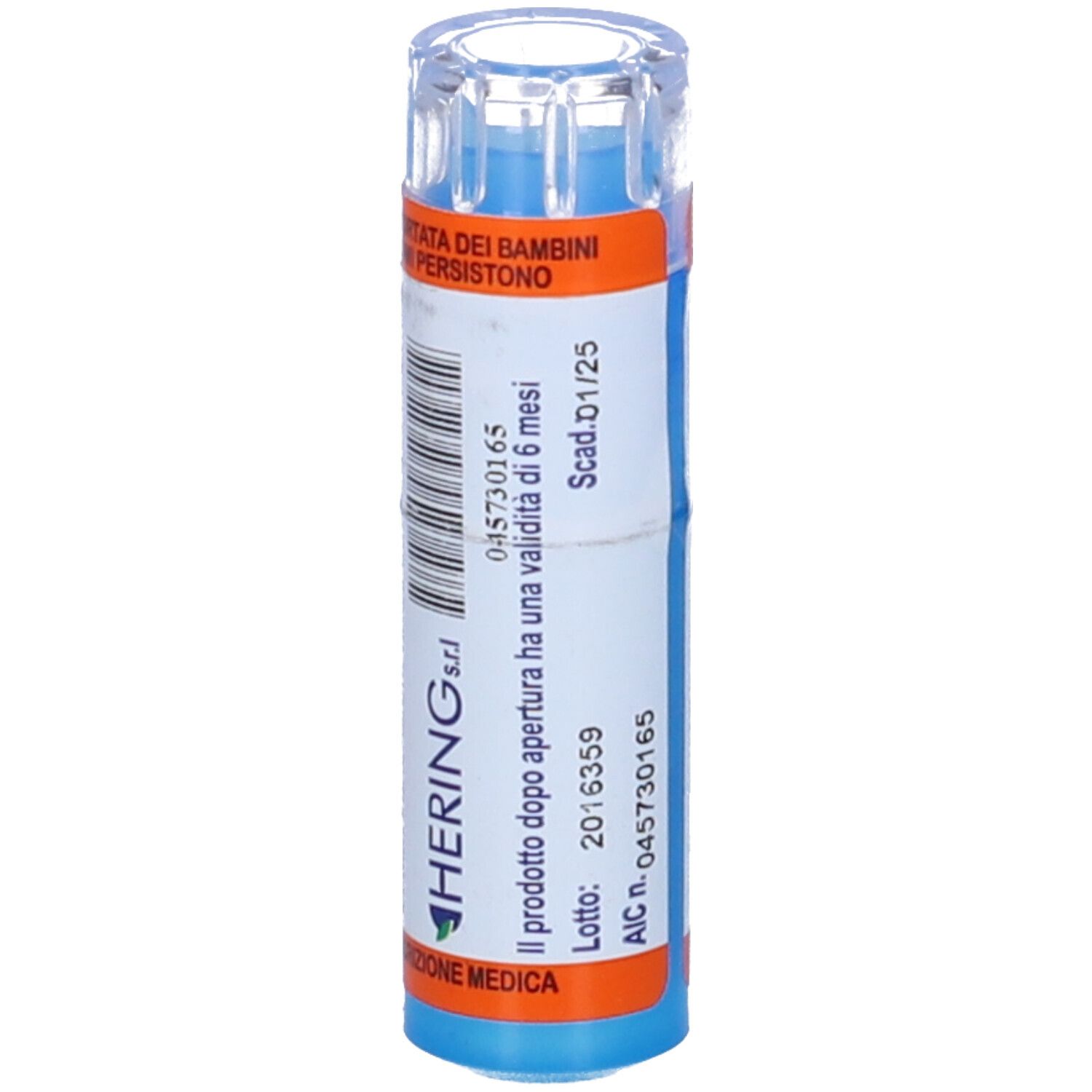 Contenitore cilindrico con scritta: HERING srl. Etichette con testo e codice a barre. Coperchio trasparente.