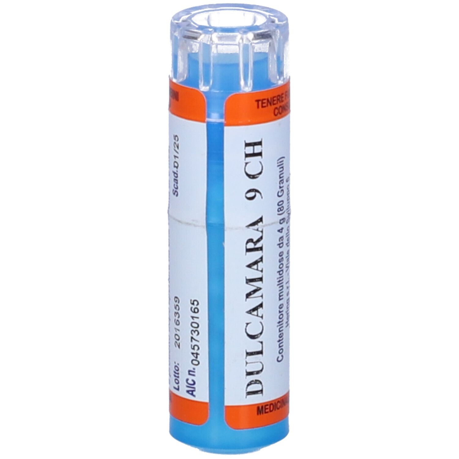 Contenitore cilindrico. Scritta: DULCAMARA 9 CH. Etichette arancioni e blu. Coperchio trasparente.