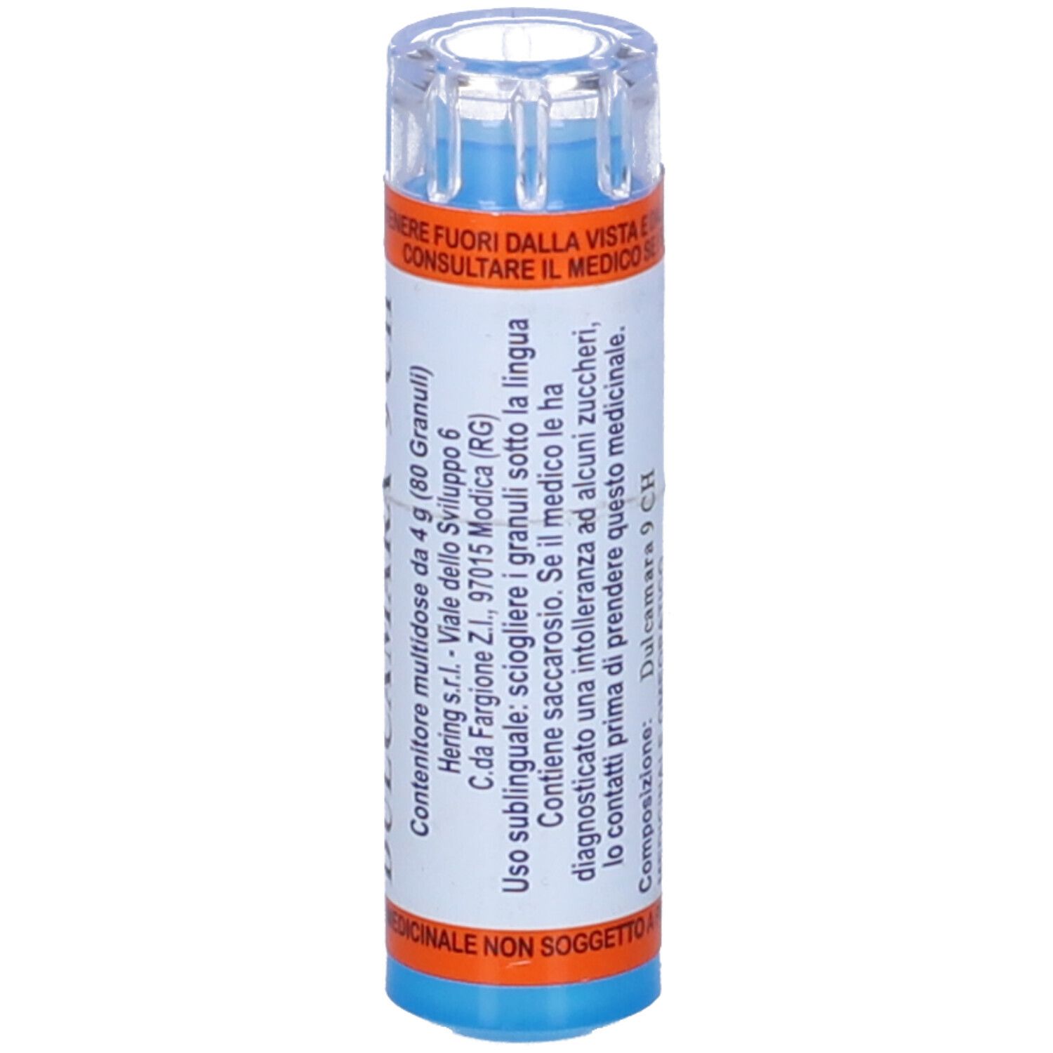 Contenitore cilindrico. Scritta: DULCAMARA 9 CH. Etichette arancioni e blu. Coperchio trasparente.