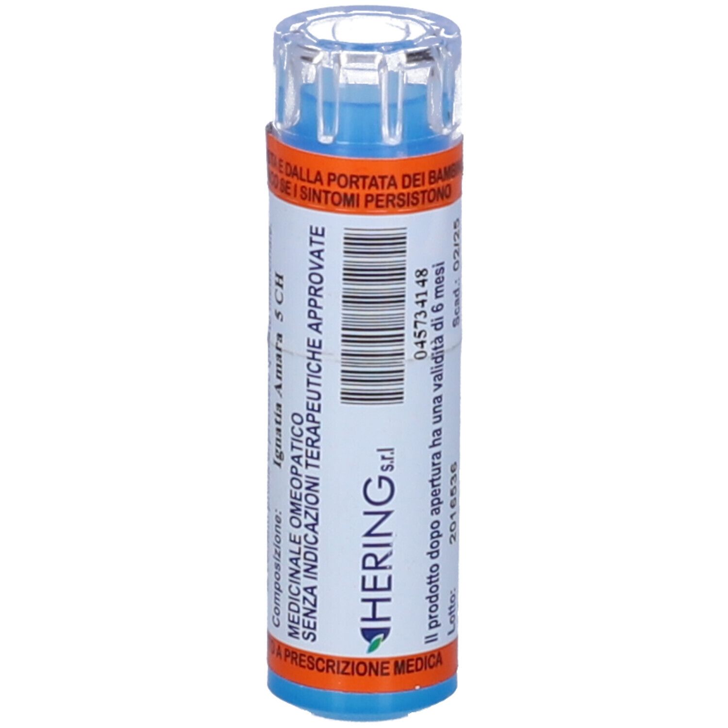 Flacone blu e bianco con etichetta. Scritta HERING s.r.l. e IGNATIA AMARA. Codice a barre. Tappo trasparente. Etichette arancioni e blu.