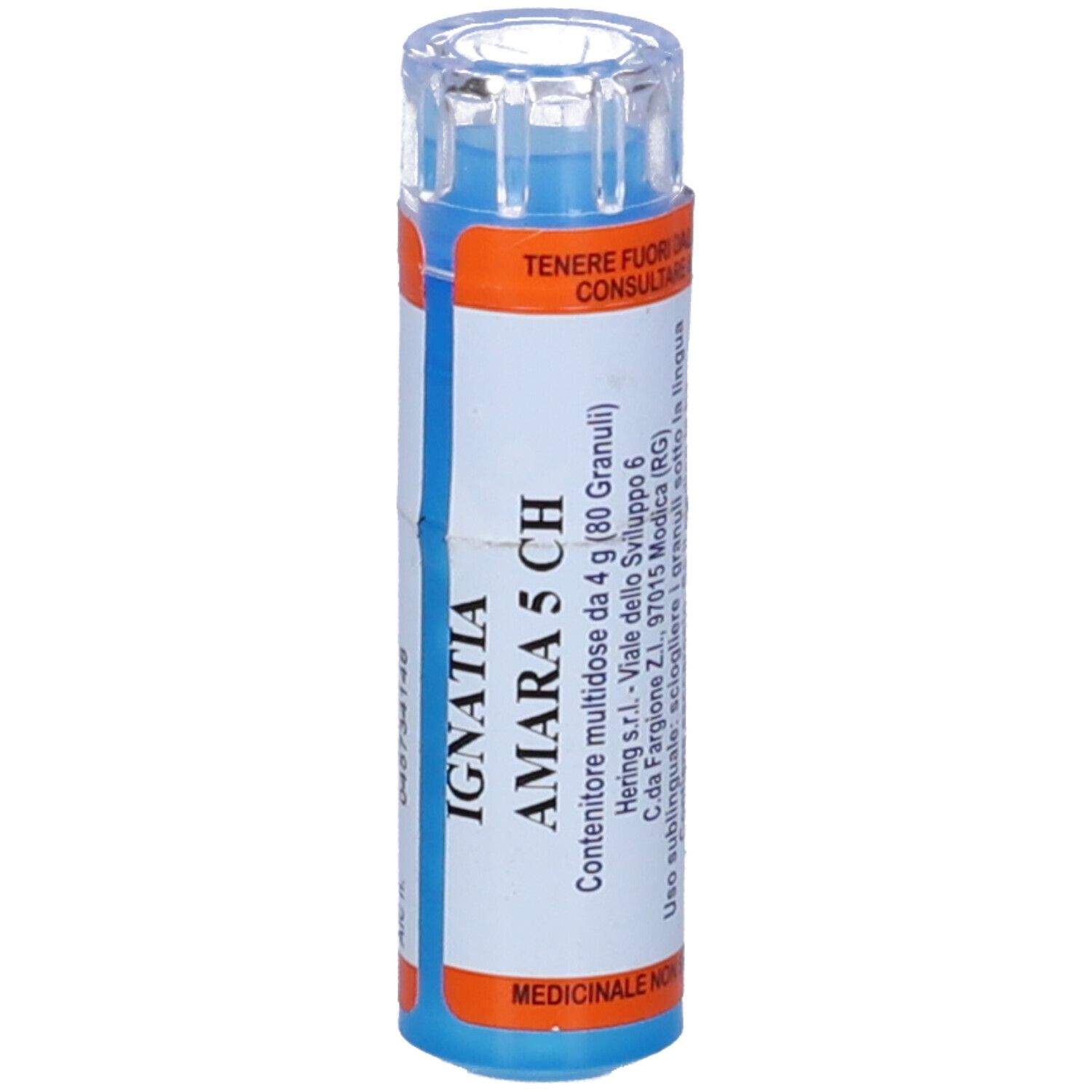 Flacone blu e bianco con IGNATIA AMARA 5 CH. Contiene 80 granuli. Tappo trasparente. Etichette arancioni e blu.