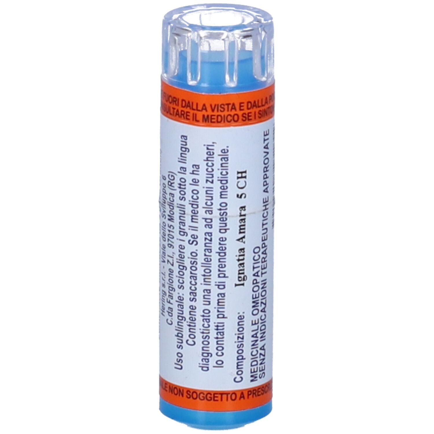 Flacone blu e bianco con IGNATIA AMARA 5 CH. Contiene 80 granuli. Tappo trasparente. Etichette arancioni e blu.