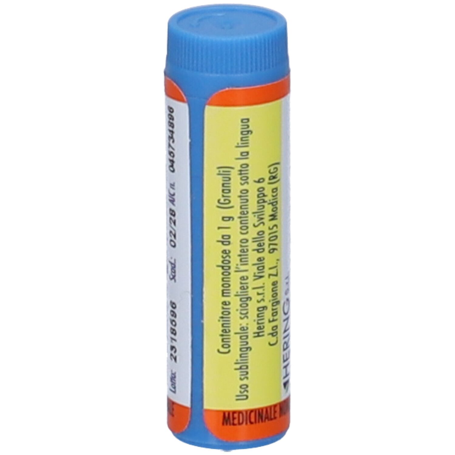 Contenitore cilindrico blu e arancione. Scritta: Contenitore monodose. Contiene granuli.