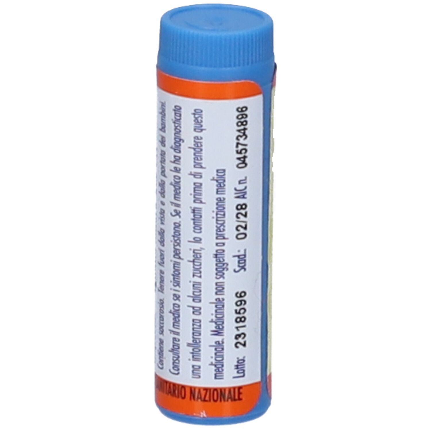 Contenitore cilindrico blu e arancione. Scritta: Medicinale non soggetto a prescrizione medica. Contiene granuli.