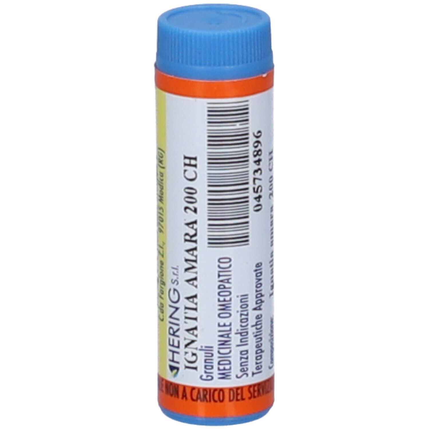 Contenitore cilindrico blu e arancione. Scritta: Ignatia Amara 200 CH, Hering. Contiene granuli.
