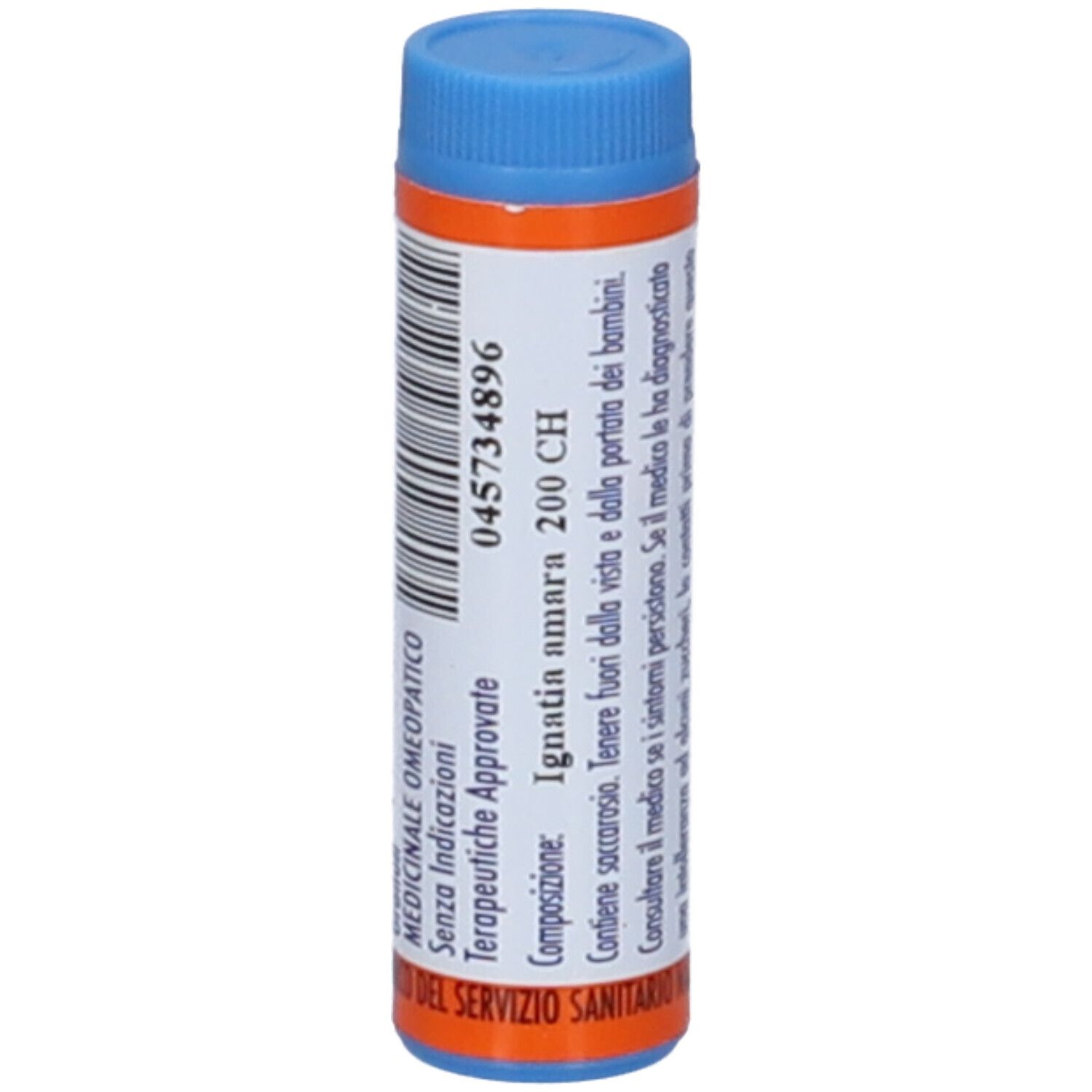 Contenitore cilindrico blu e arancione. Scritta: Ignatin amara 200 CH. Contiene granuli.
