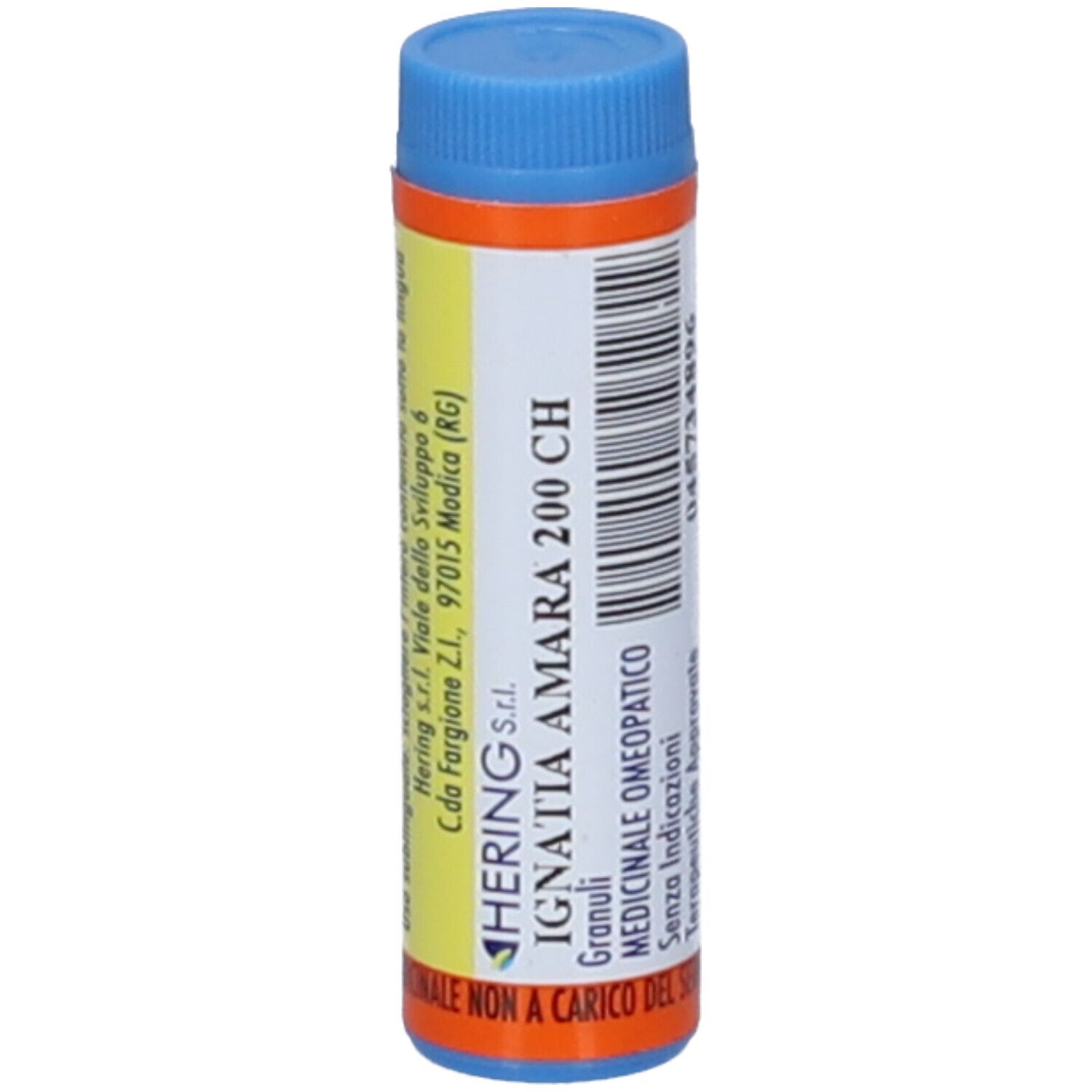 Contenitore cilindrico blu e arancione. Scritta: Ignatia Amara 200 CH, Hering. Contiene granuli.