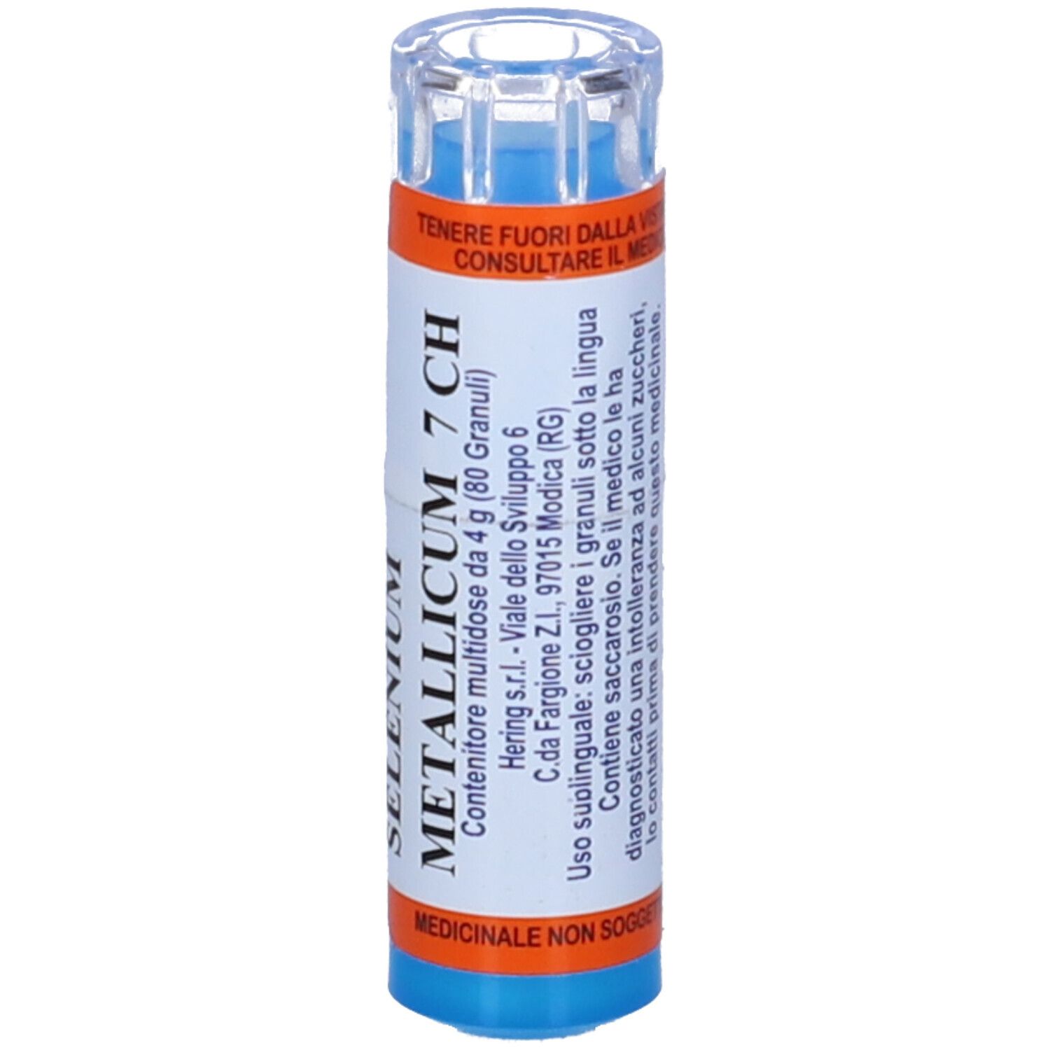 Flacone cilindrico blu. Etichette con testo: Selenium Metallicum 7 CH. Contiene zucchero. Medicinale. Tappo trasparente.