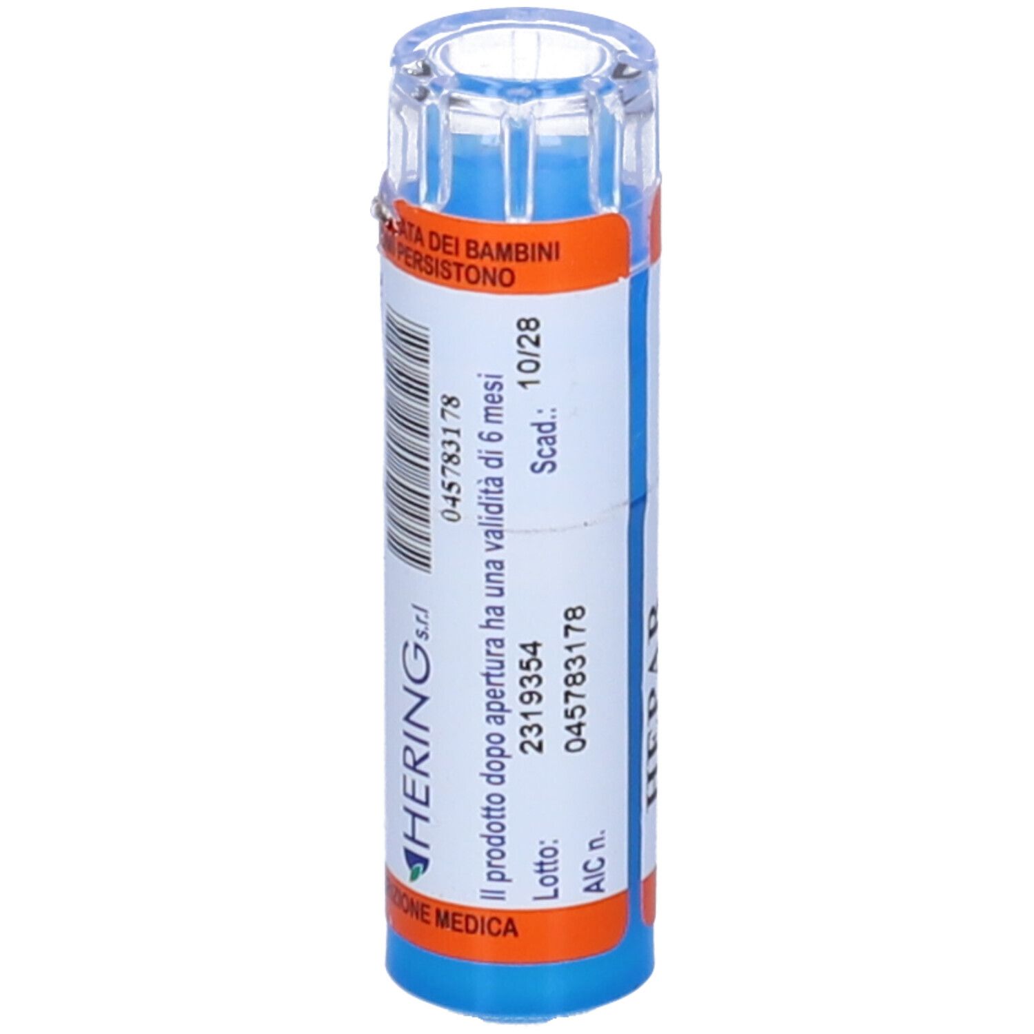 Contenitore cilindrico con contenuto blu. Scritta: HERING s.r.l. Codice a barre e data di scadenza. Etichette arancioni e bianche.