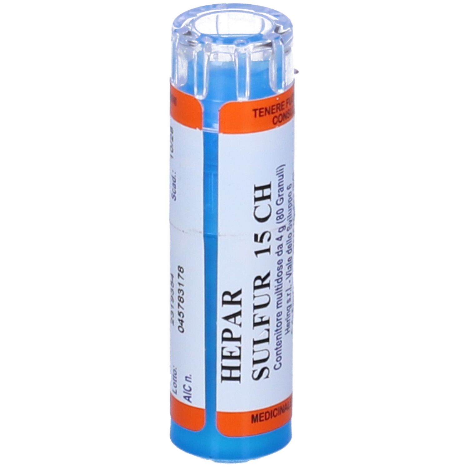 Contenitore cilindrico multidose con contenuto blu. Scritta: HEPAR SULFUR 15 CH. Etichette arancioni e bianche.