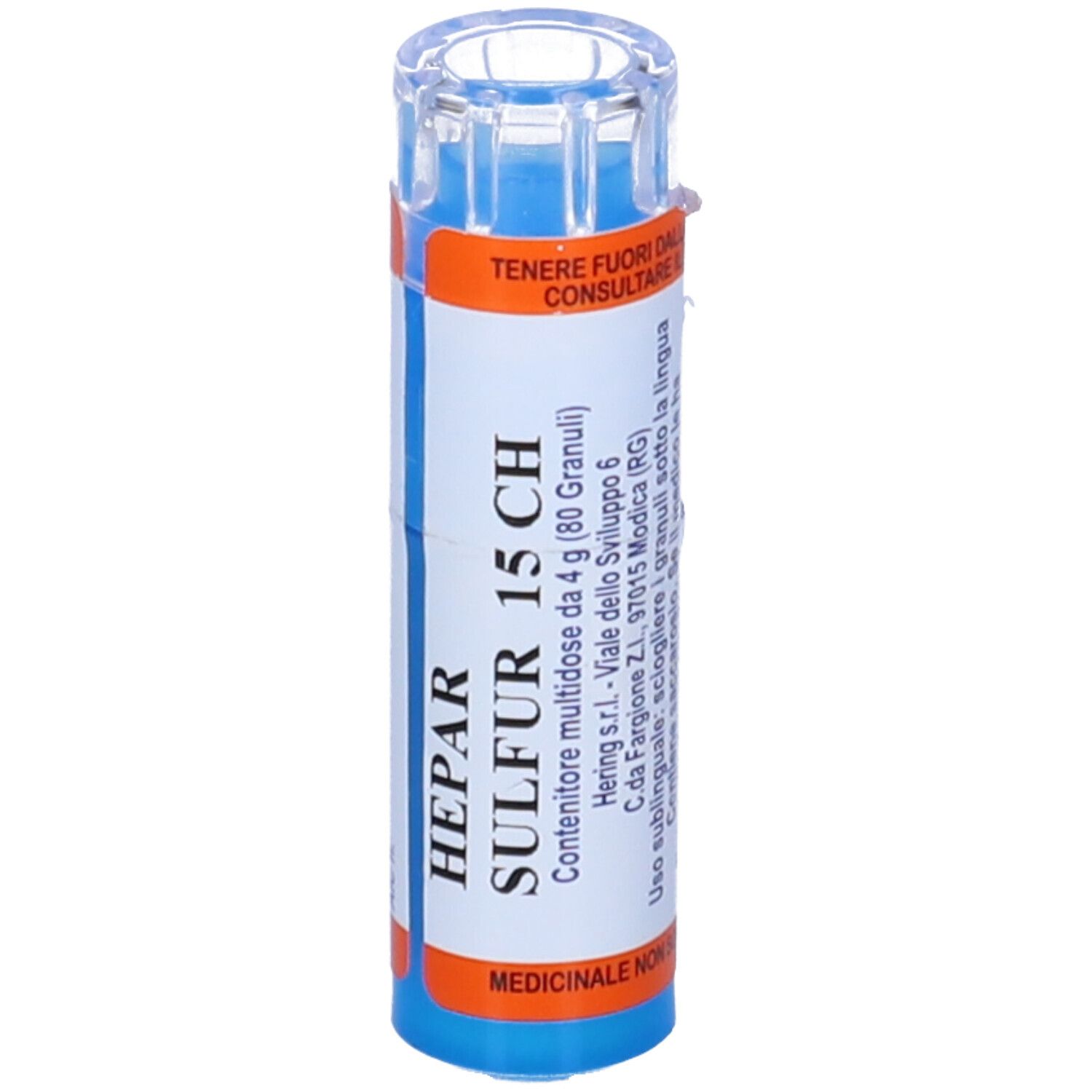 Contenitore cilindrico multidose con contenuto blu. Scritta: HEPAR SULFUR 15 CH. Etichette arancioni e bianche.