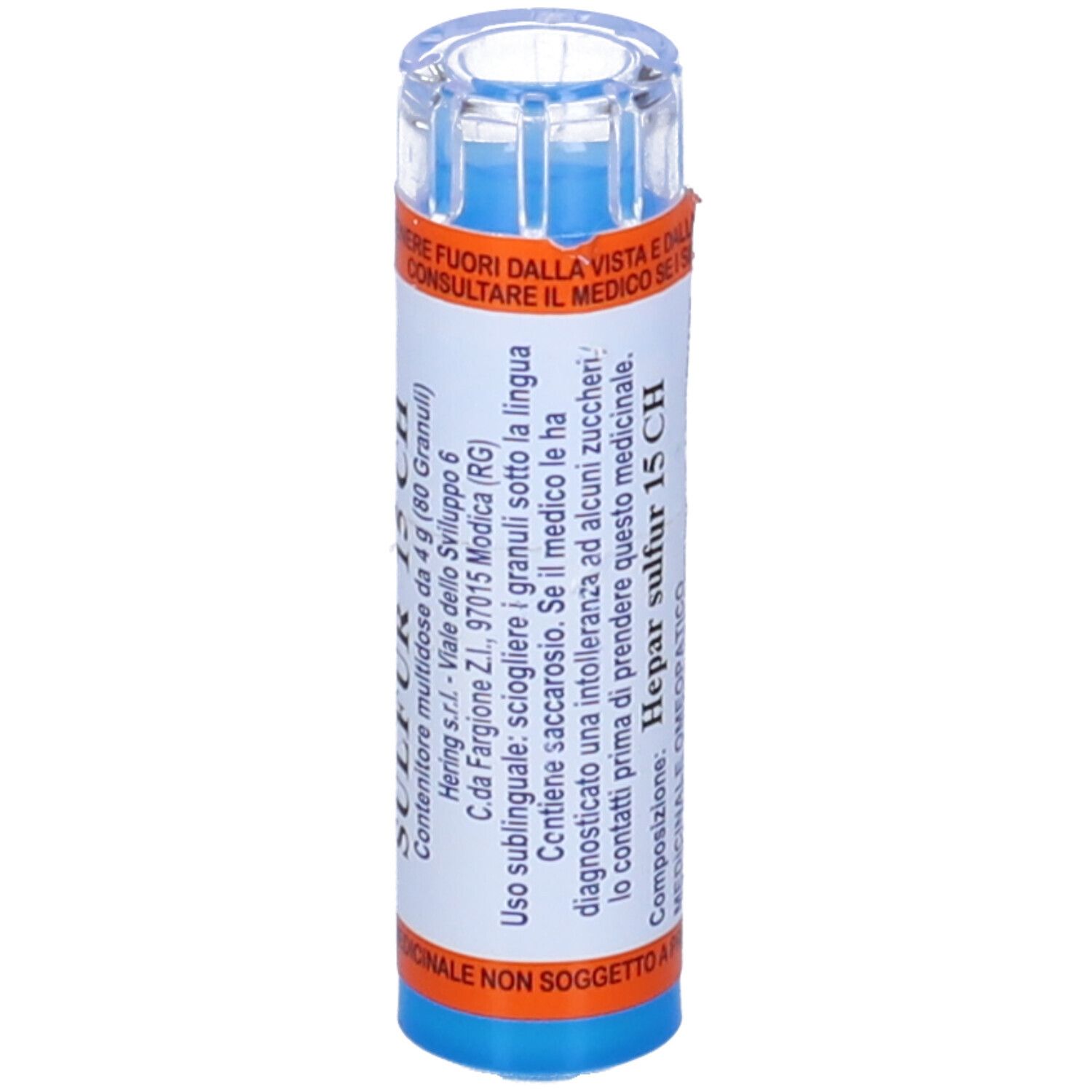 Contenitore cilindrico multidose con contenuto blu. Scritta: HEPAR SULFUR 15 CH. Etichette arancioni e bianche.