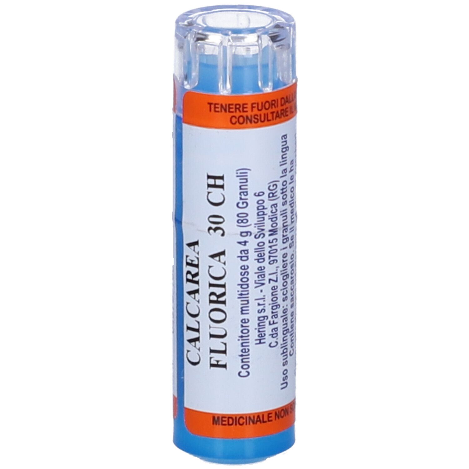 Flacone blu con etichetta bianca. Scritta: CALCAREA FLUORICA 30 CH. Istruzioni per l'uso. Coperchio trasparente. Dettagli arancioni.