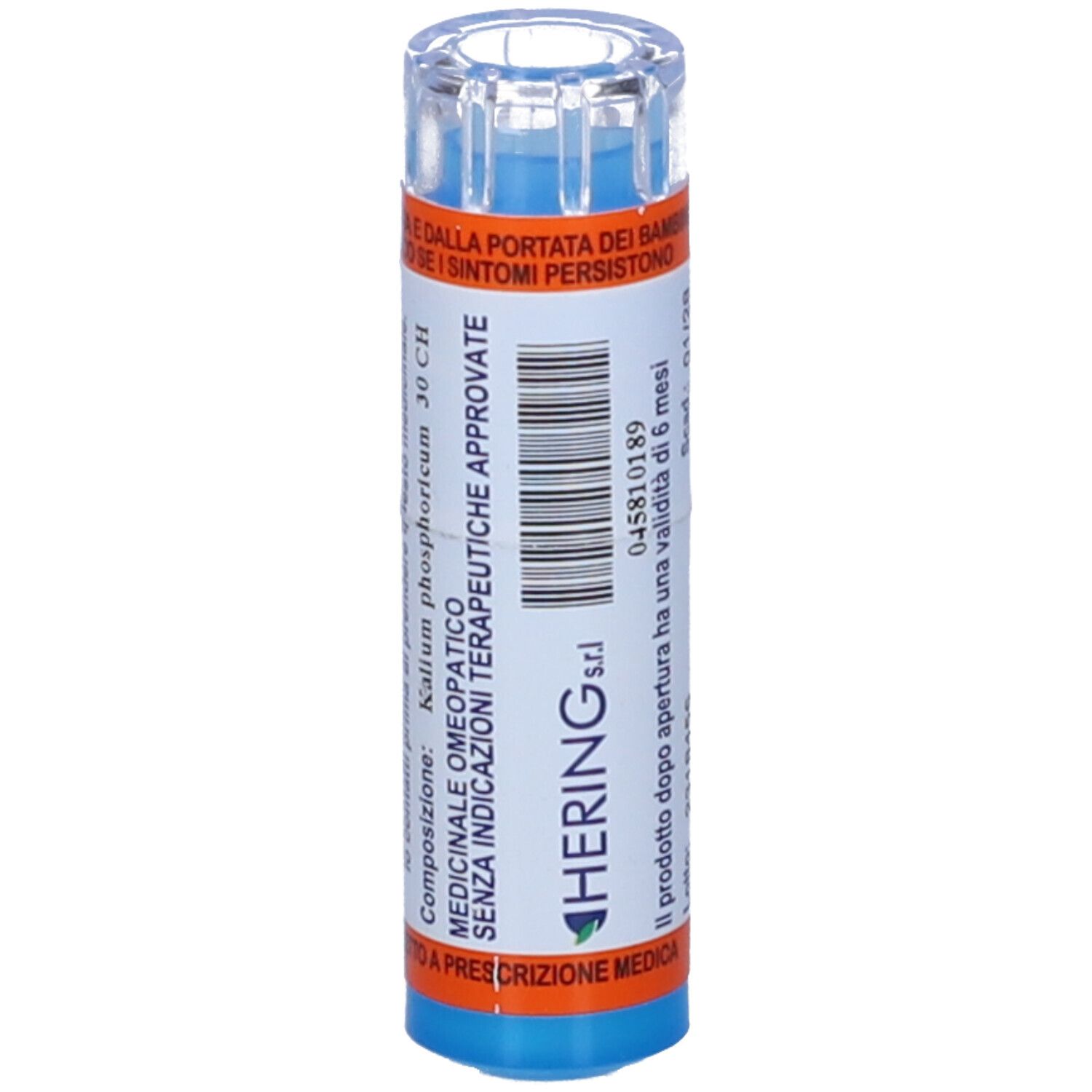 Contenitore blu trasparente con etichetta bianca e arancione. Scritta: Hering srl. Kalium phosphoricum 30 CH.