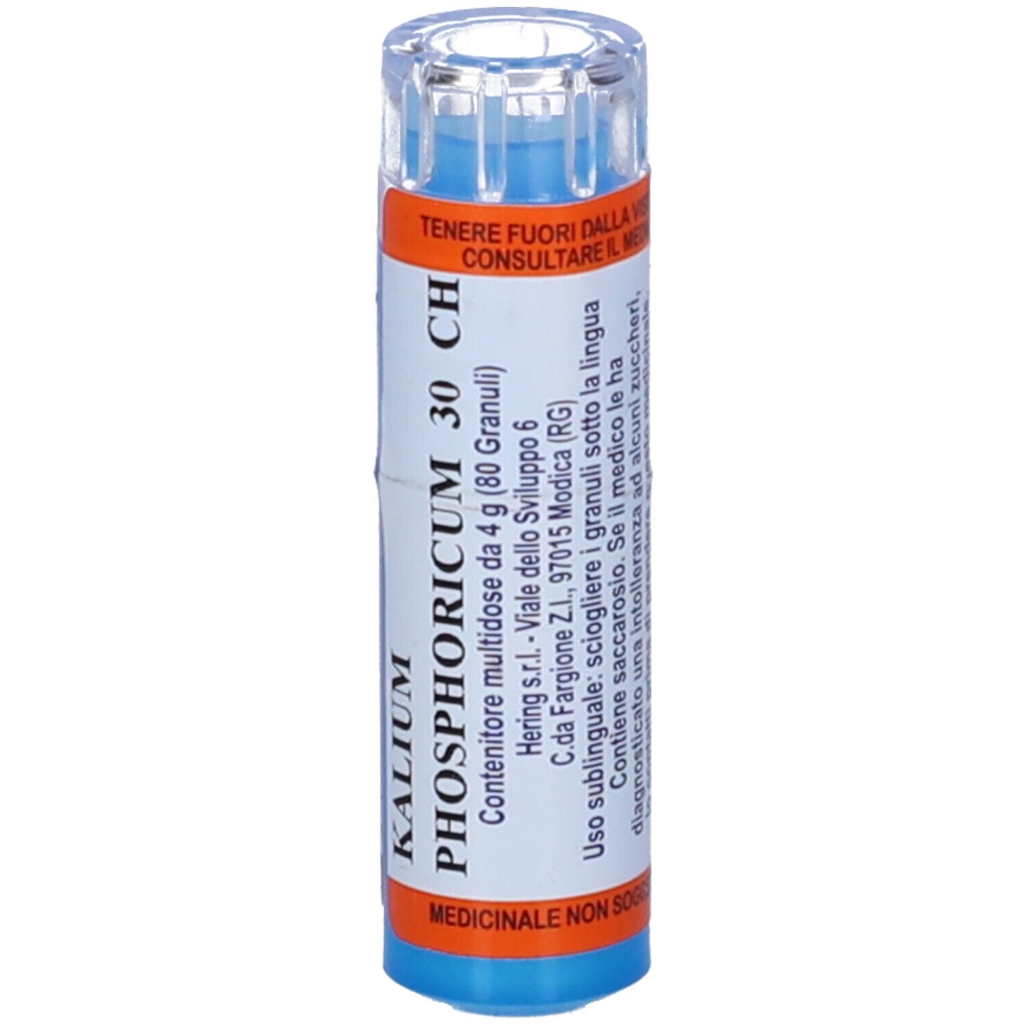 Contenitore blu trasparente con etichetta bianca e arancione. Scritta: Kalium Phosphoricum 30 CH.