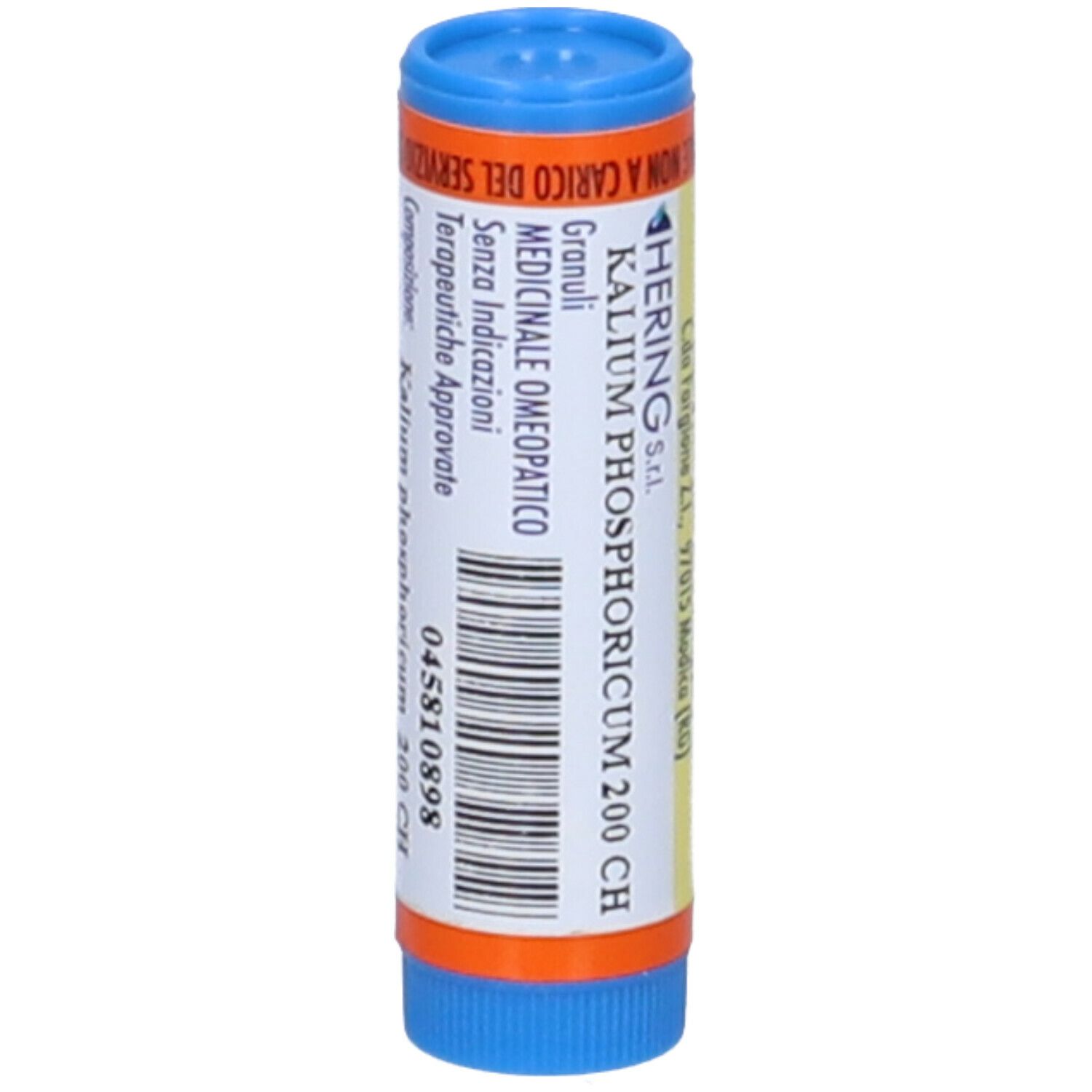Contenitore monodose cilindrico blu e arancione. Scritta: Hering, Kalium phosphoricum 200 CH, Granuli.