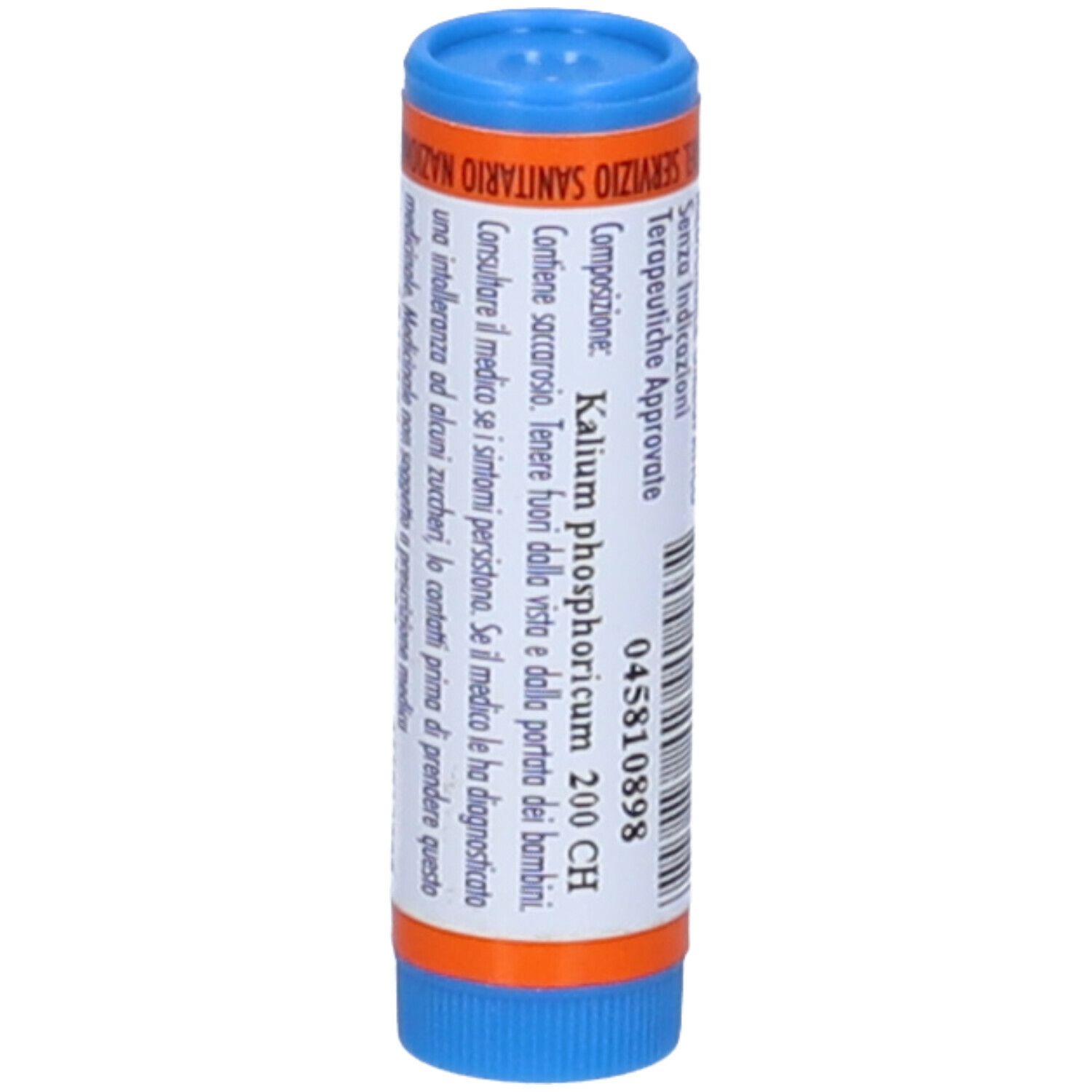 Contenitore monodose cilindrico blu e arancione. Scritta: Hering, Kalium phosphoricum 200 CH, Granuli.