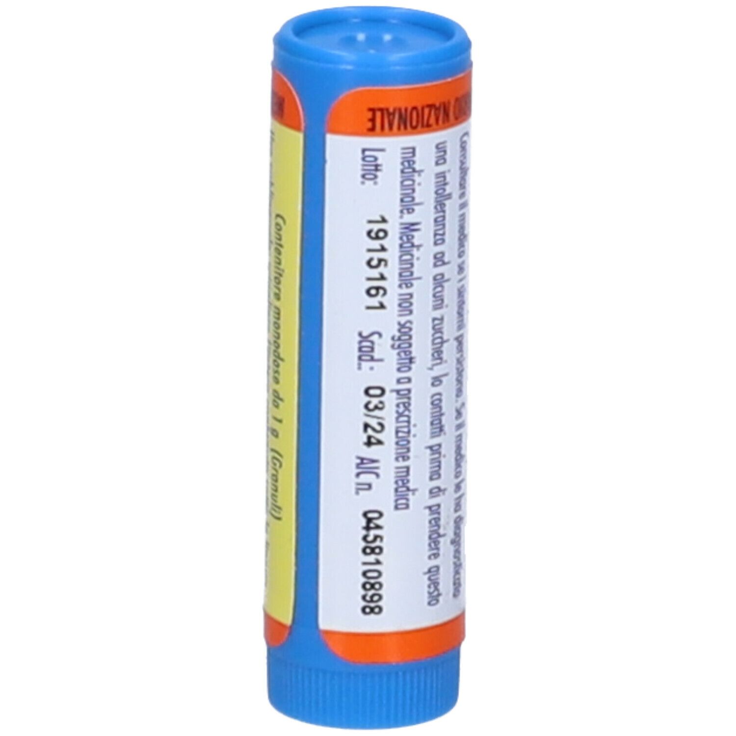 Contenitore monodose cilindrico blu e arancione. Scritta: Hering, Kalium phosphoricum 200 CH, Granuli.