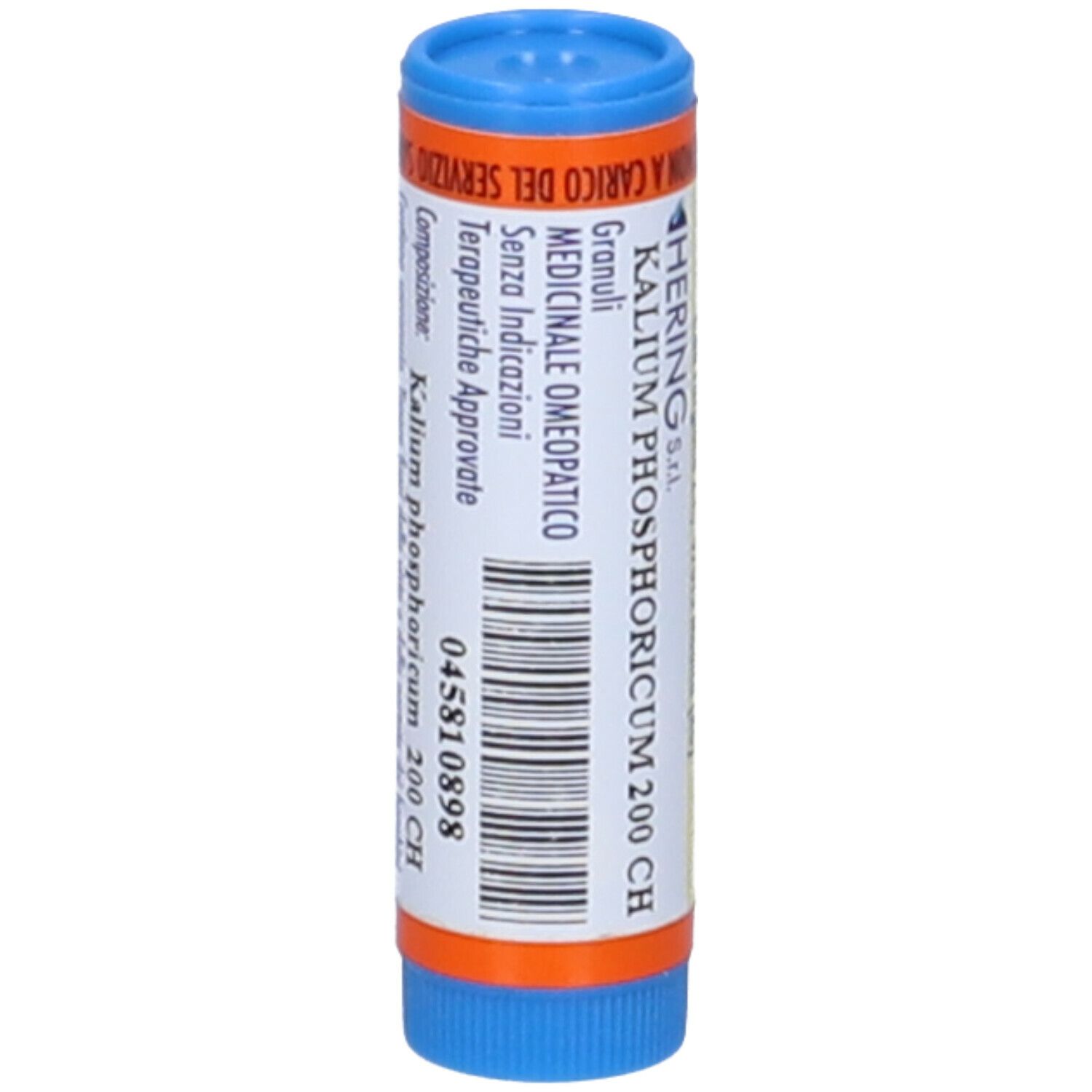 Contenitore monodose cilindrico blu e arancione. Scritta: Hering, Kalium phosphoricum 200 CH, Granuli.