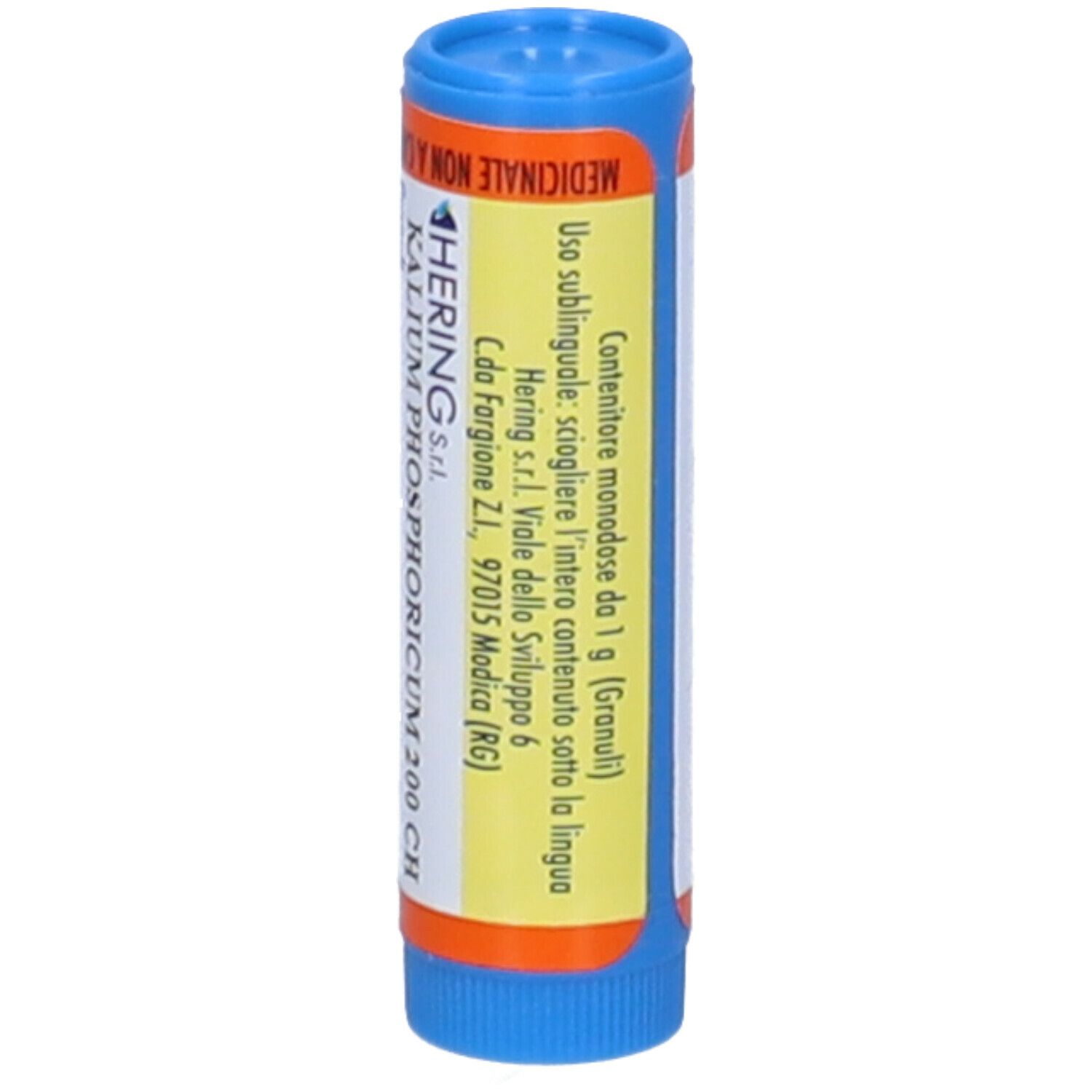 Contenitore monodose cilindrico blu e arancione. Scritta: Hering, Kalium phosphoricum 200 CH, Granuli.