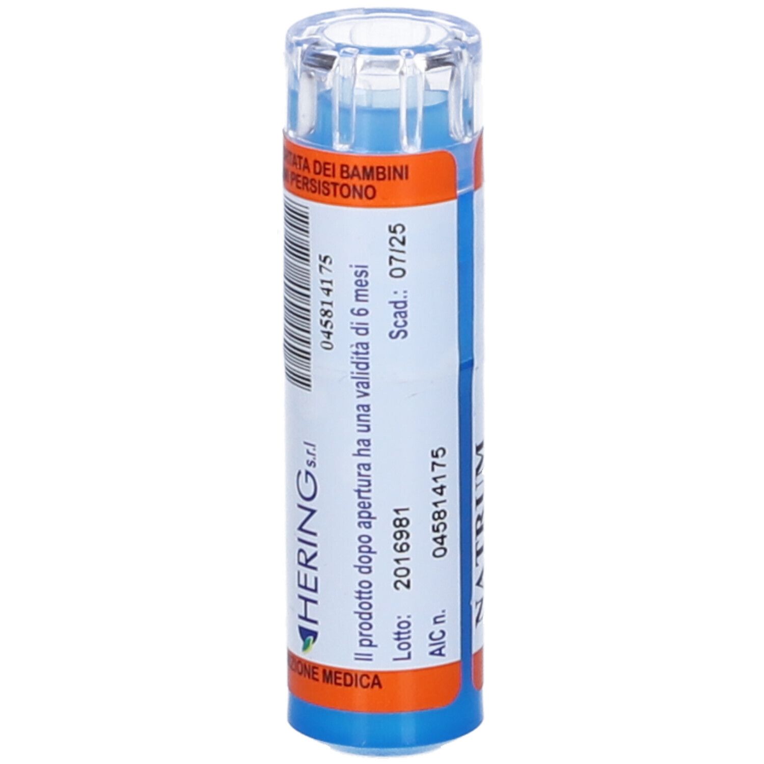 Flacone blu cilindrico con tappo trasparente. Scritta: HERING. Etichette con testo e numeri. Scadenza: 07/25.