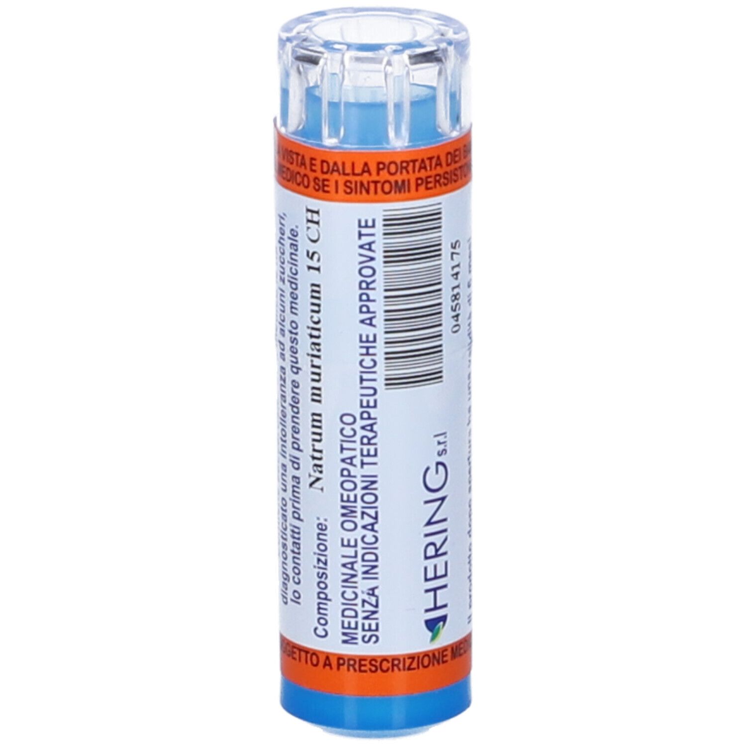 Flacone blu cilindrico con tappo trasparente. Scritta: HERING. Etichette con testo. Indicazioni mediche.