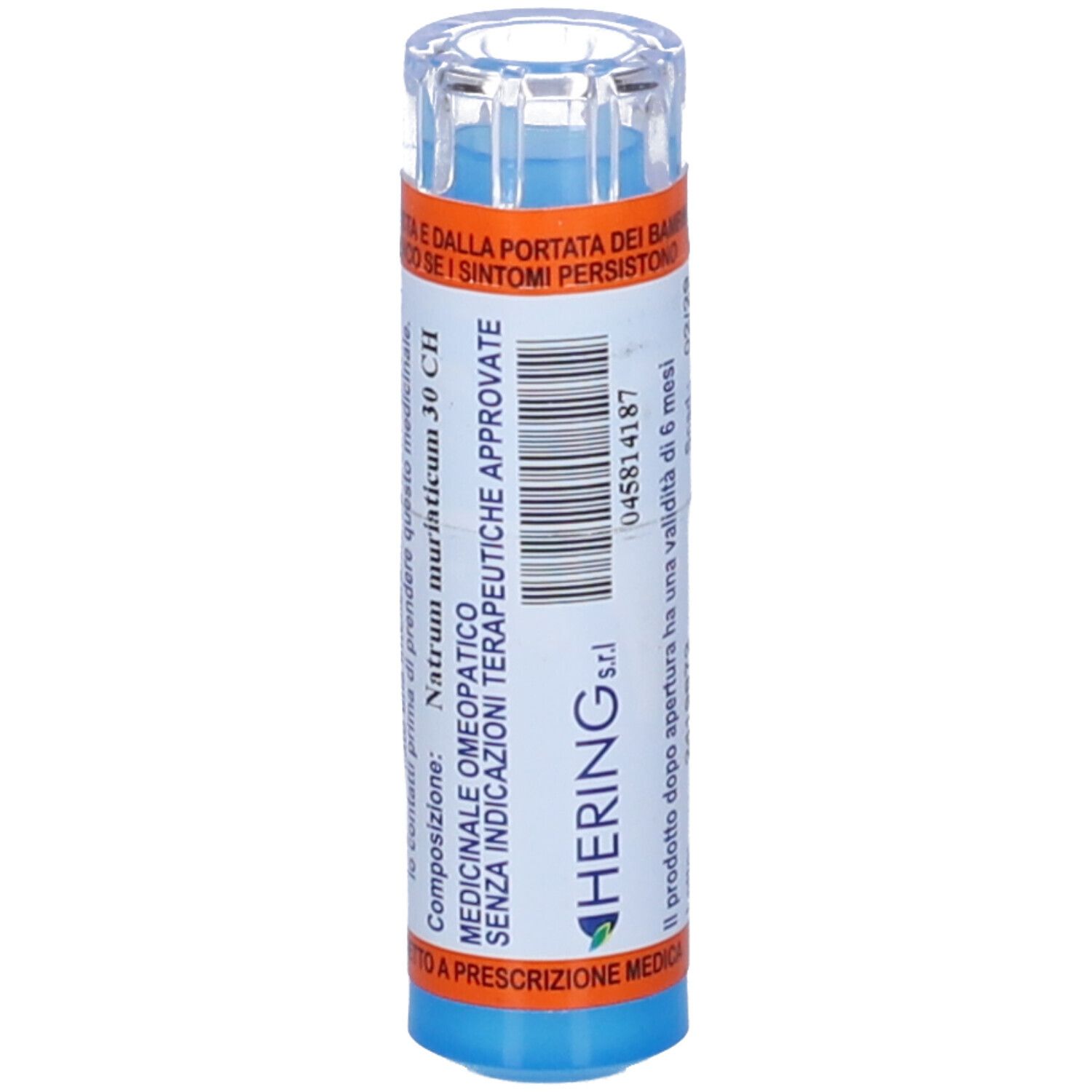 Confezione cilindrica con contenuto blu. Scritta: Medicinale omeopatico. Marchio: Hering. Testo in italiano.