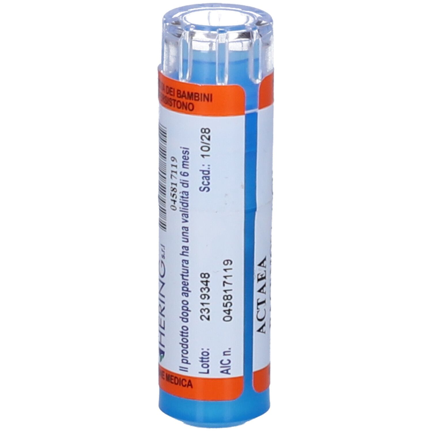 Contenitore cilindrico con etichette arancioni e bianche. ACTEA. Hering. Scadenza 10/28. Tappo trasparente.