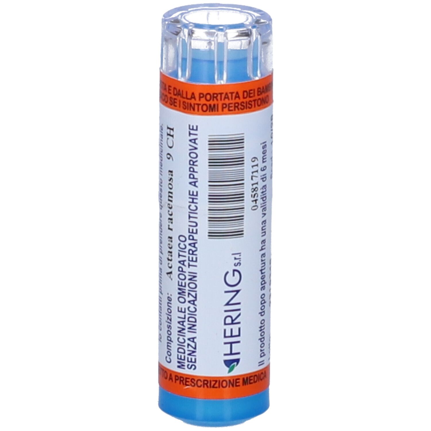 Contenitore cilindrico con etichette arancioni e bianche. Hering. ACTEA racemosa 9 CH. Tappo trasparente.