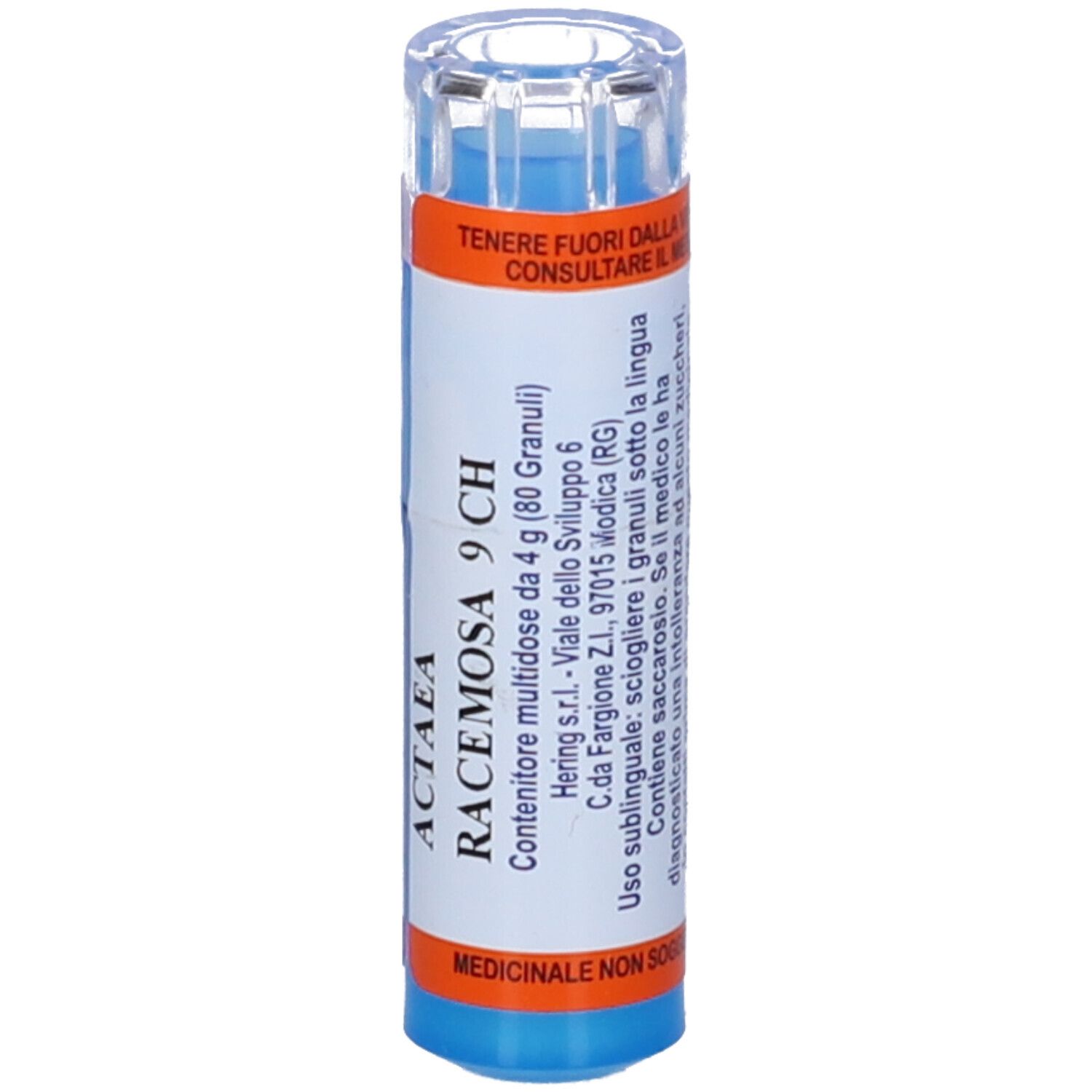 Contenitore multidose cilindrico. ACTEA RACEMOSA 9 CH, 80 Granuli. Etichette arancioni e bianche. Tappo trasparente.