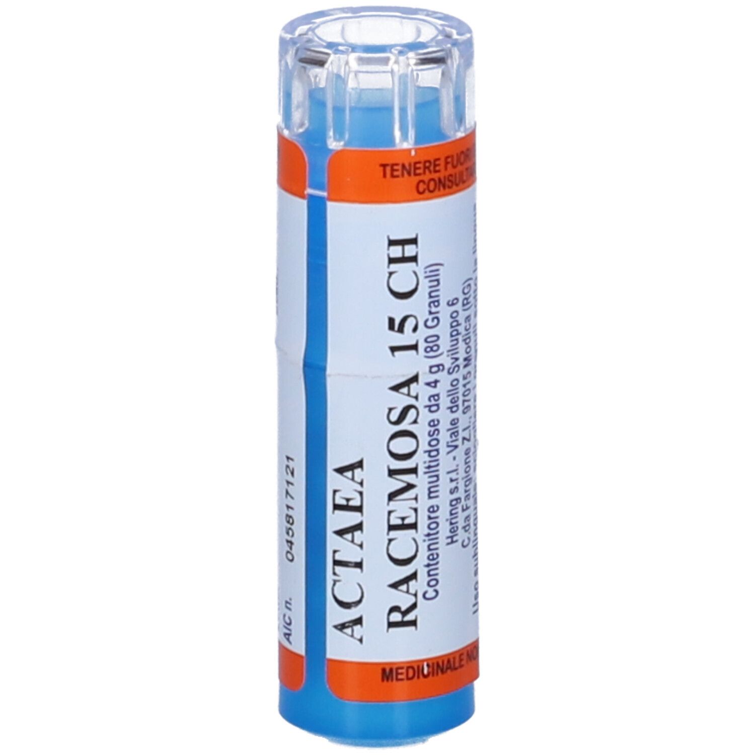 Confezione cilindrica multidose. Scritta ACTAEA RACEMOSA 15 CH. Etichette arancioni e blu.