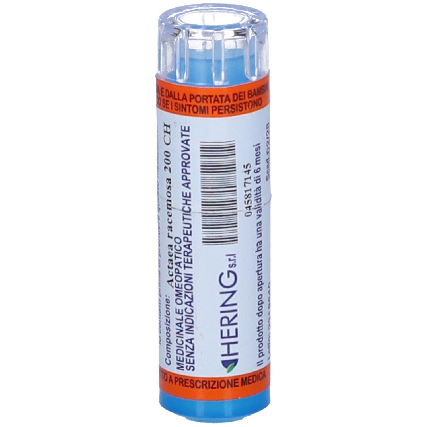 Contenitore blu cilindrico con tappo trasparente. Scritta: Hering s.r.l. e altre informazioni.