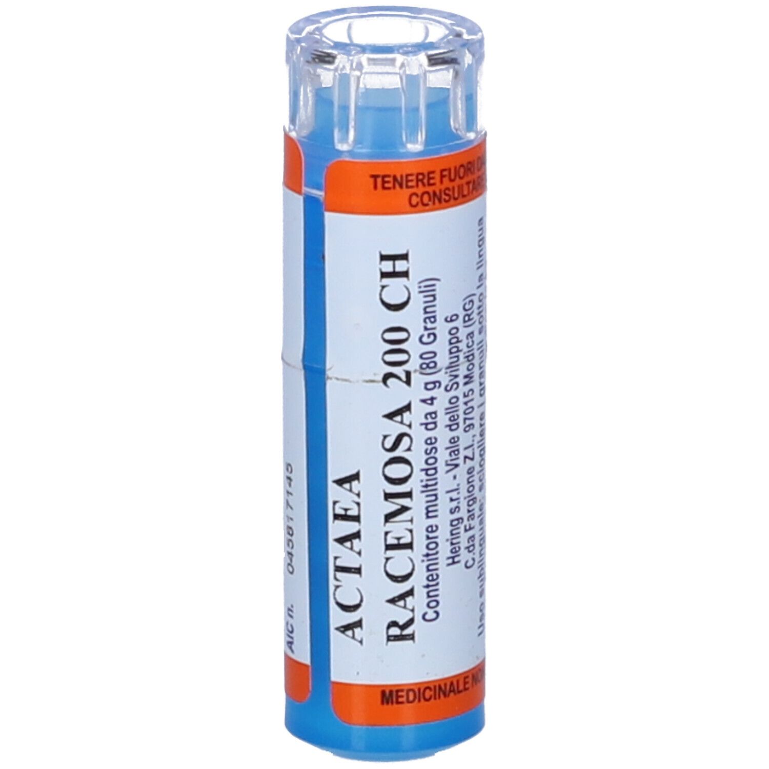 Contenitore blu cilindrico con tappo trasparente. Scritta: ACTEA RACEMOSA 200 CH.