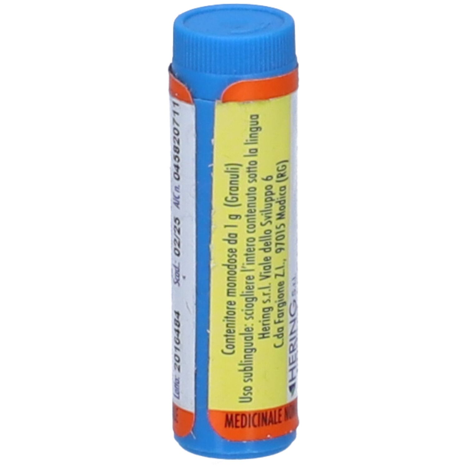 Confezione cilindrica blu e gialla. Scritta: Contenitore monodose da 1 g (Granuli).