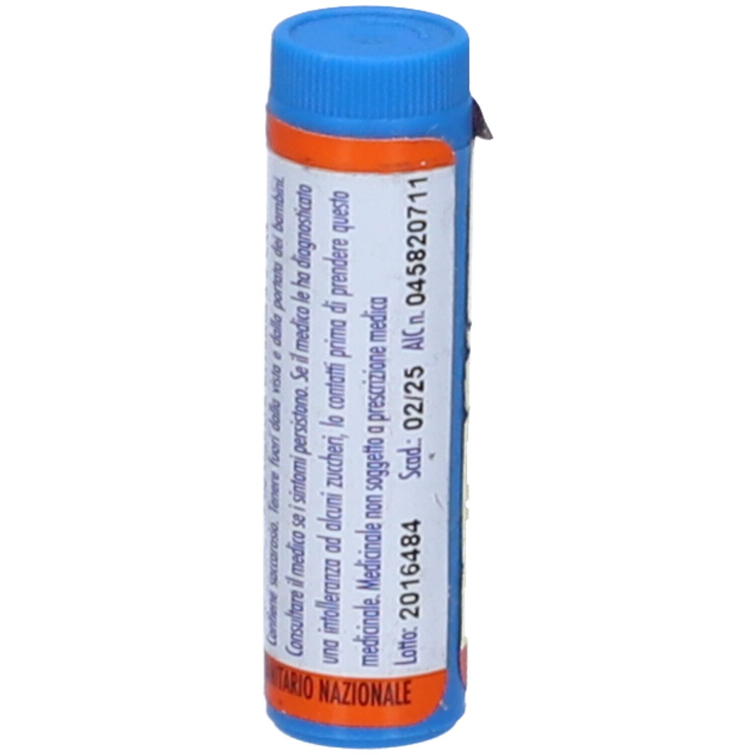 Confezione cilindrica blu e gialla. Scritta: Lotto n. 2016484, scadenza 02/25. Testo in italiano.