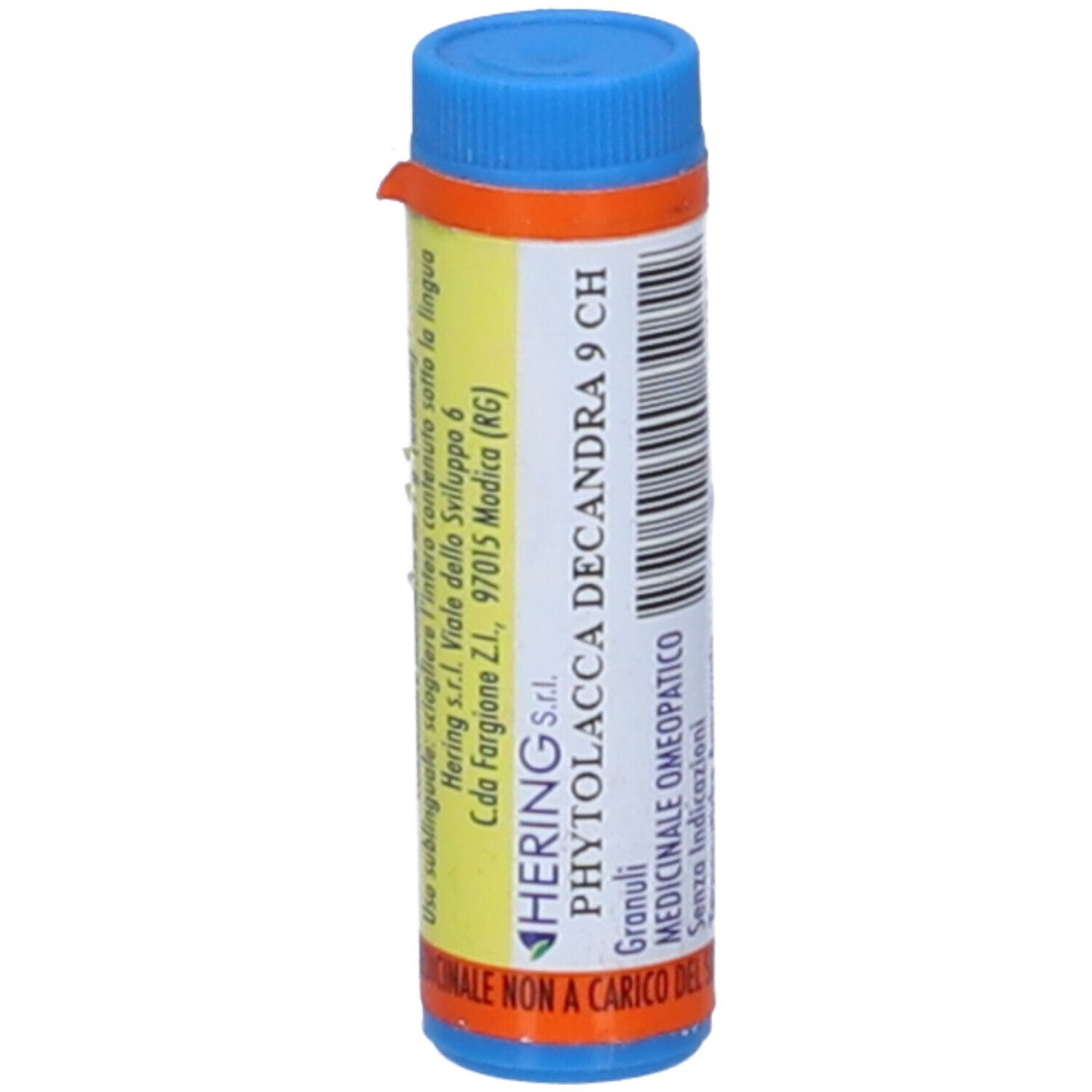 Confezione cilindrica blu e gialla. Scritta: HERING Phytolacca Decandra 9 CH Granuli. Codice a barre.