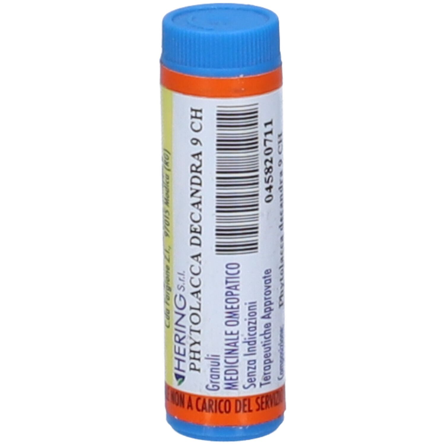 Confezione cilindrica blu e gialla. Scritta: HERING Phytolacca Decandra 9 CH. Indicazioni mediche.