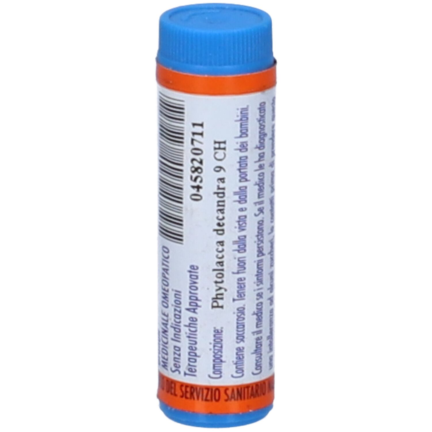 Confezione cilindrica blu e gialla. Scritta: 045820711 9 CH. Composizione. Indicazioni mediche.